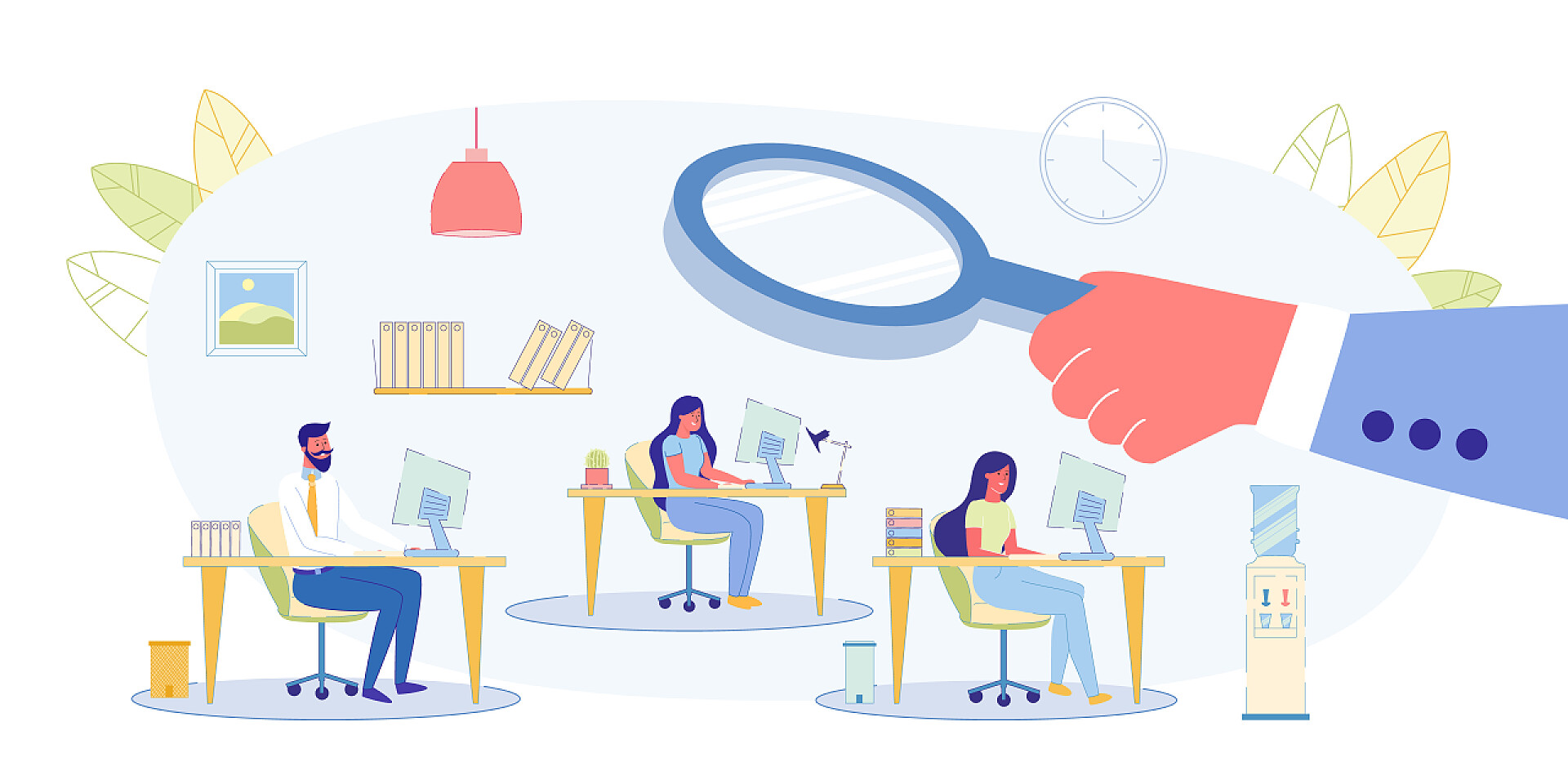 白色背景前在办公室内工作的人