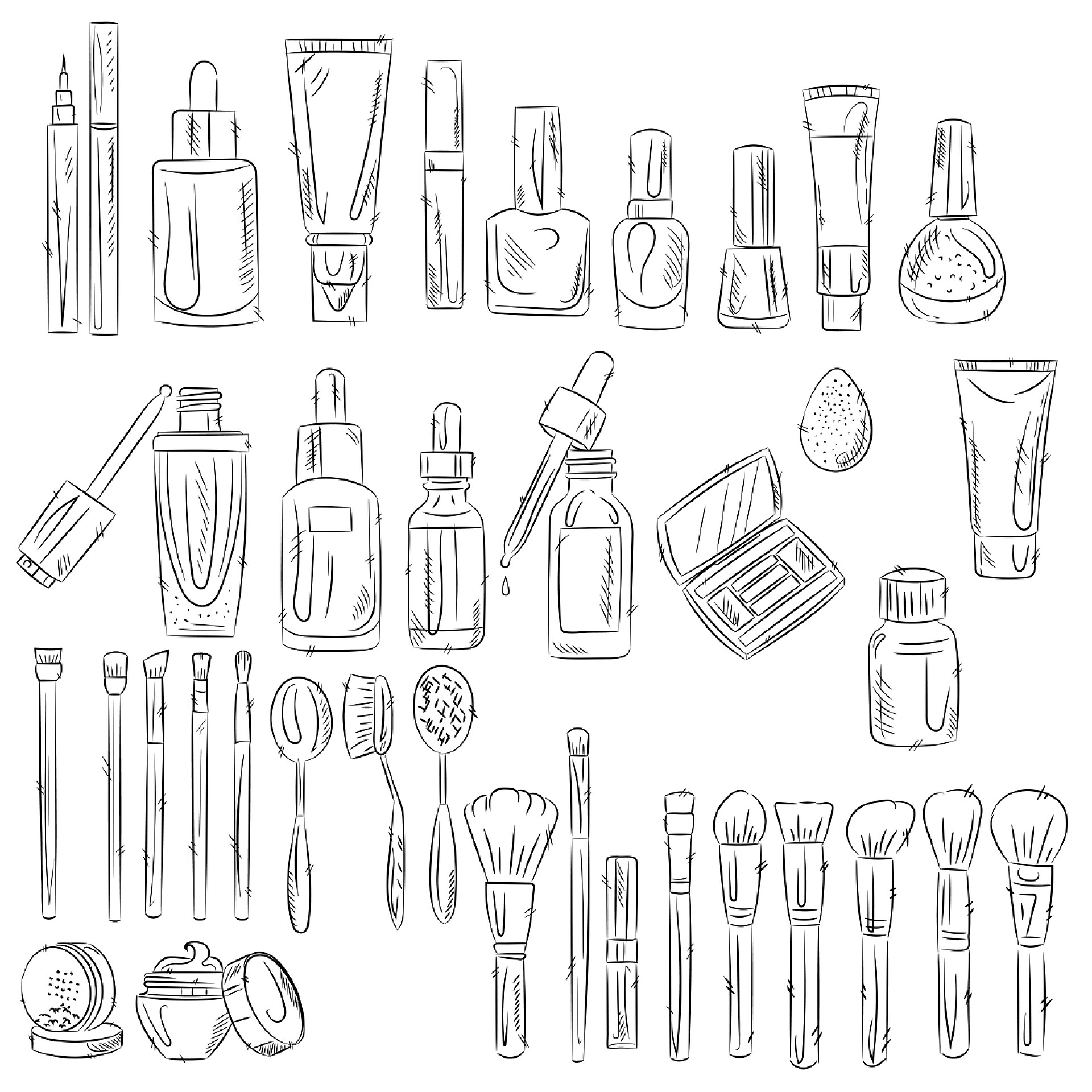 白色背景墙素描图的化妆品