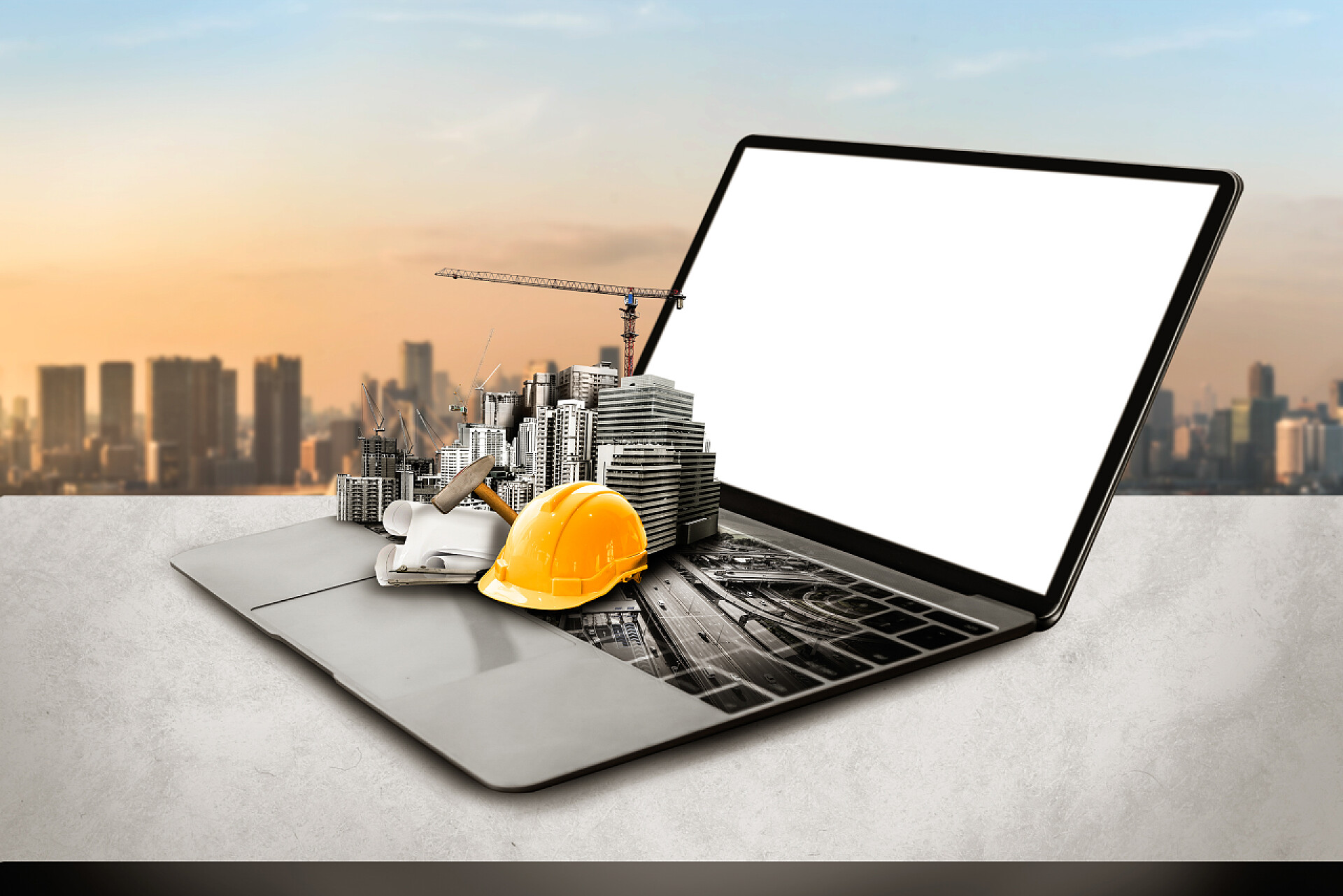 蓝天白云下的笔记本电脑创新建筑和土木工程建筑建设项目。专业建筑师、工人和工程师展示基础设施城市建设概念的创造性平面设计.