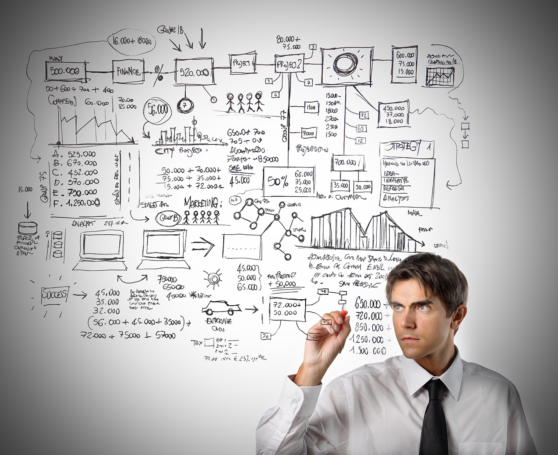 在白色背景上创建图表分析的商人商务