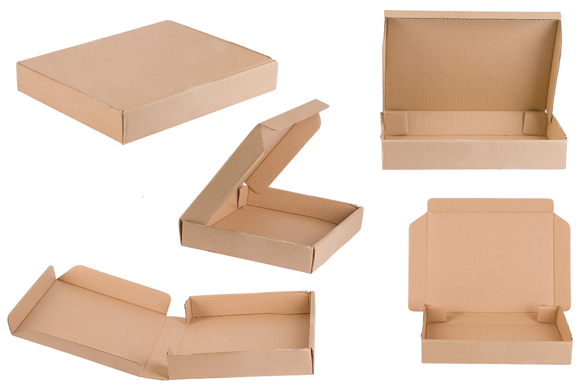 在白色背景上的不同摆放方式的披萨盒物流运输