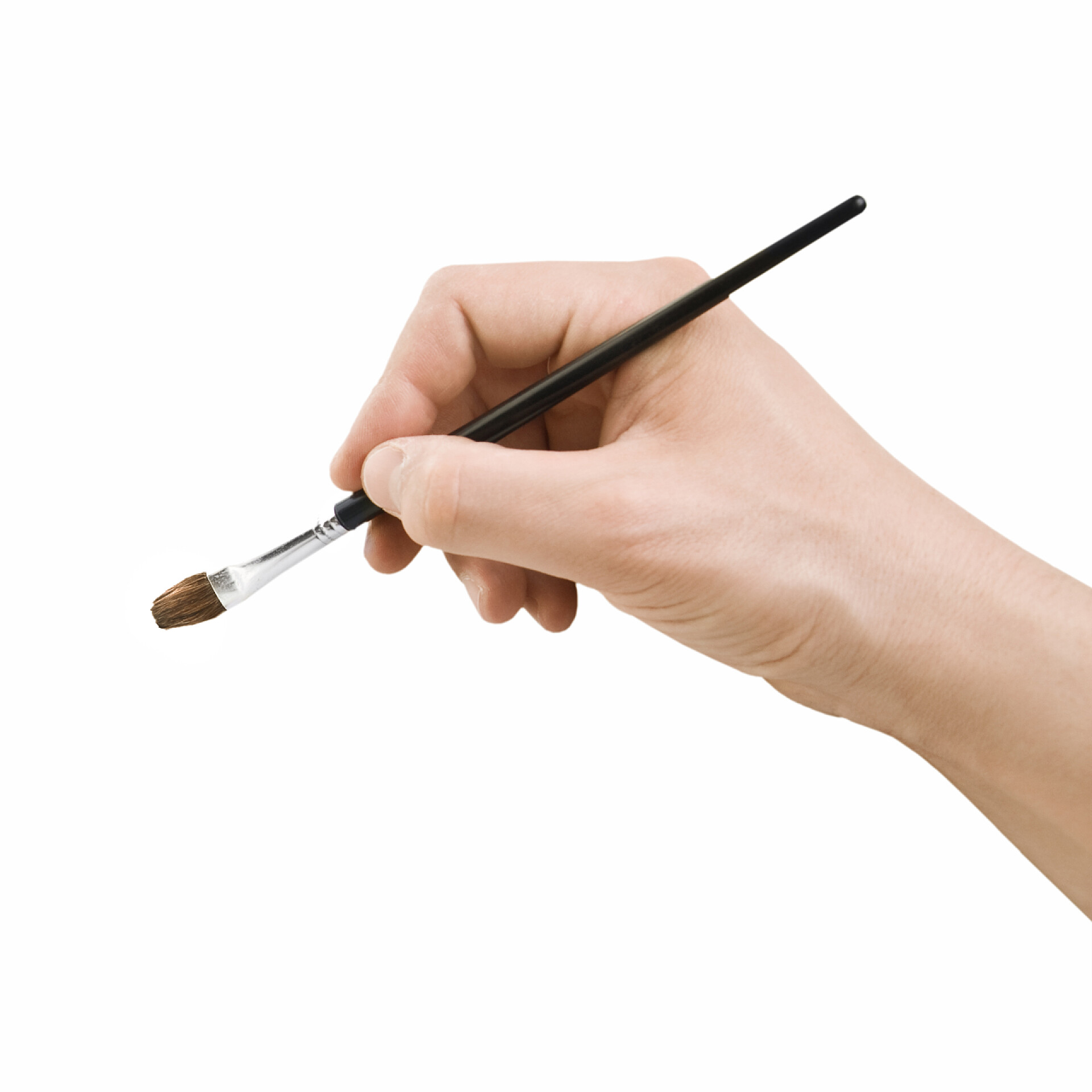 在白色背景上的一只手握住化妆刷化妆工具