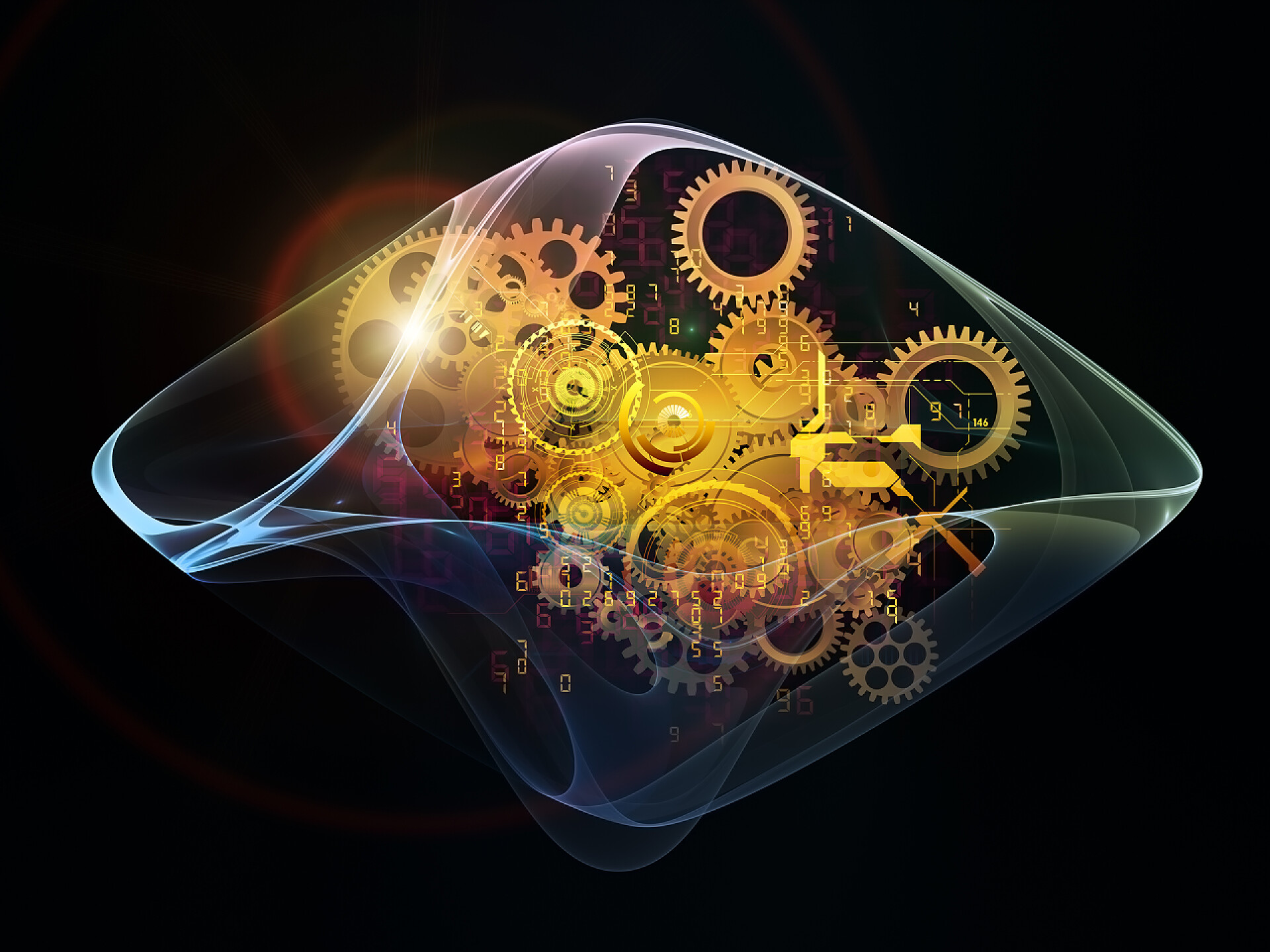 黑色背景上的齿轮有机外壳上的纳米技术技术中的元素的有机外壳上的纳米技术生物工程和未来的技术主题的相互作用