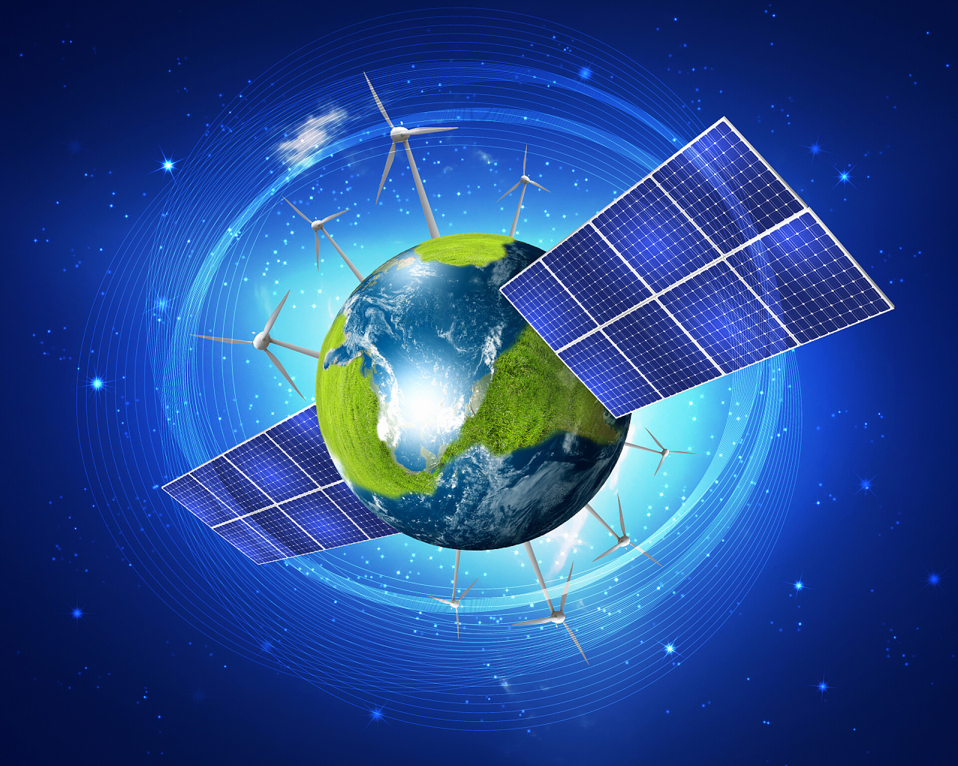 新能源光伏太阳能电池板安装在绿色地球上的形象