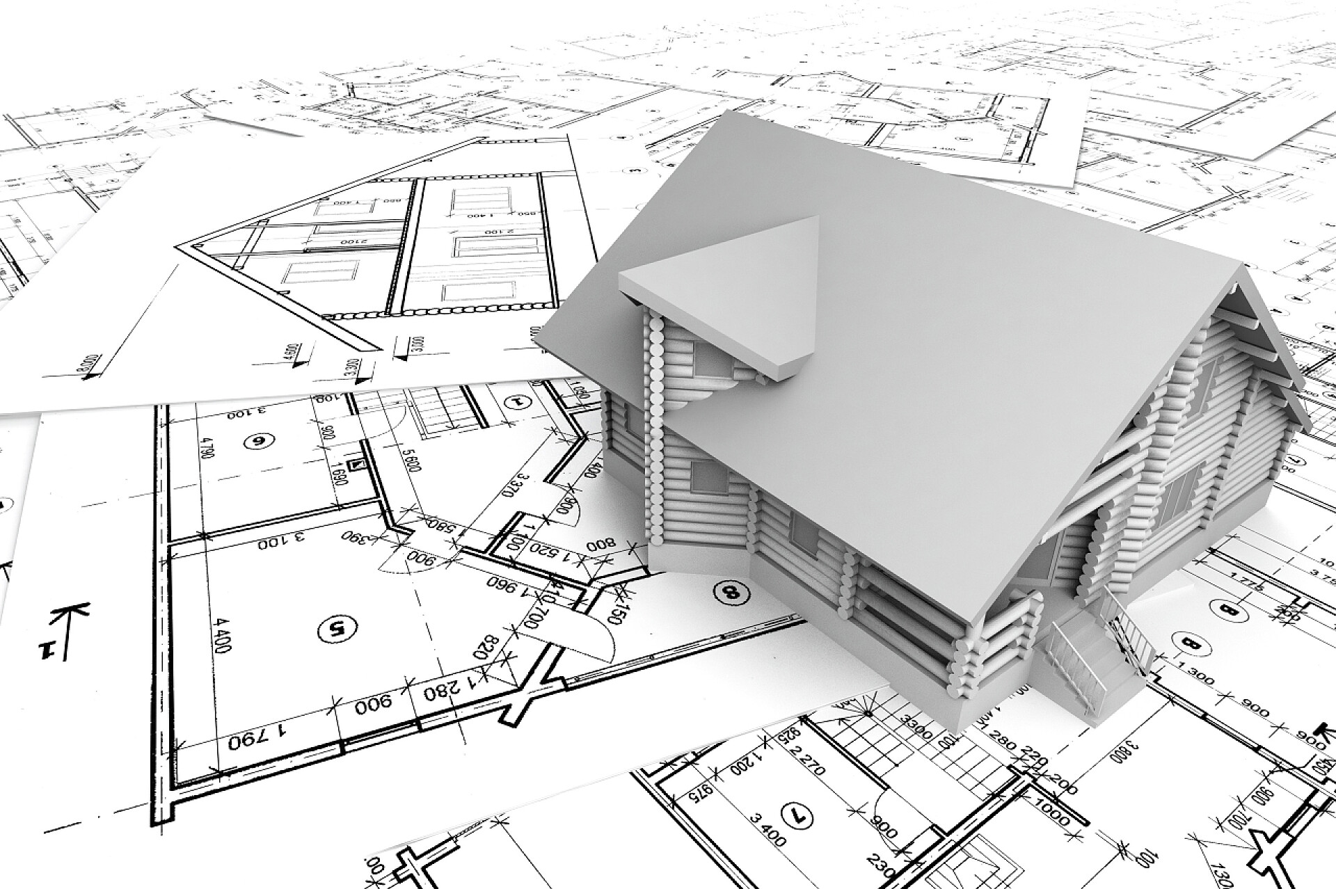 3d渲染图纸上的房子建筑图纸
