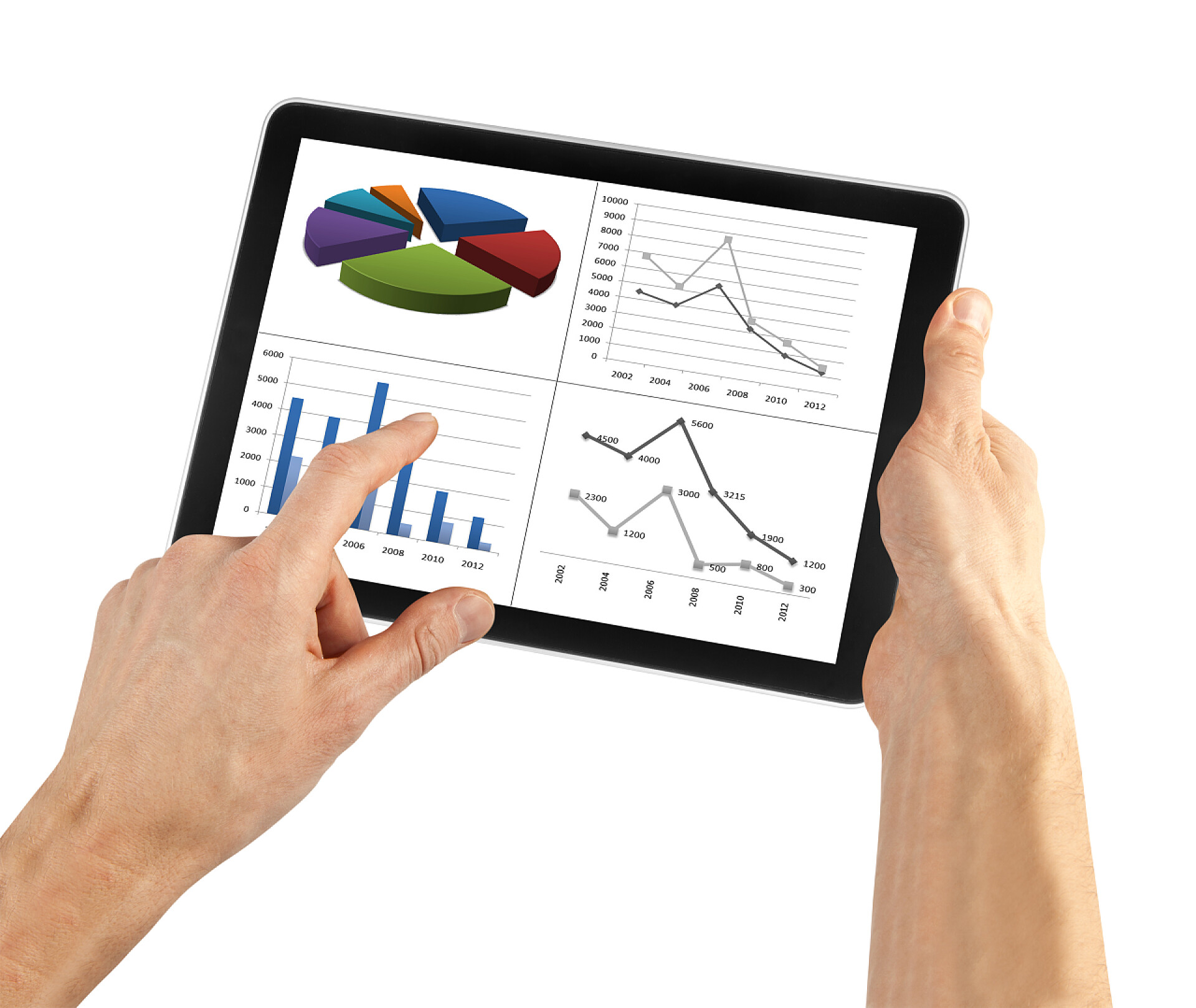 商务数据白色背景上用手指着平板电脑的财务数据