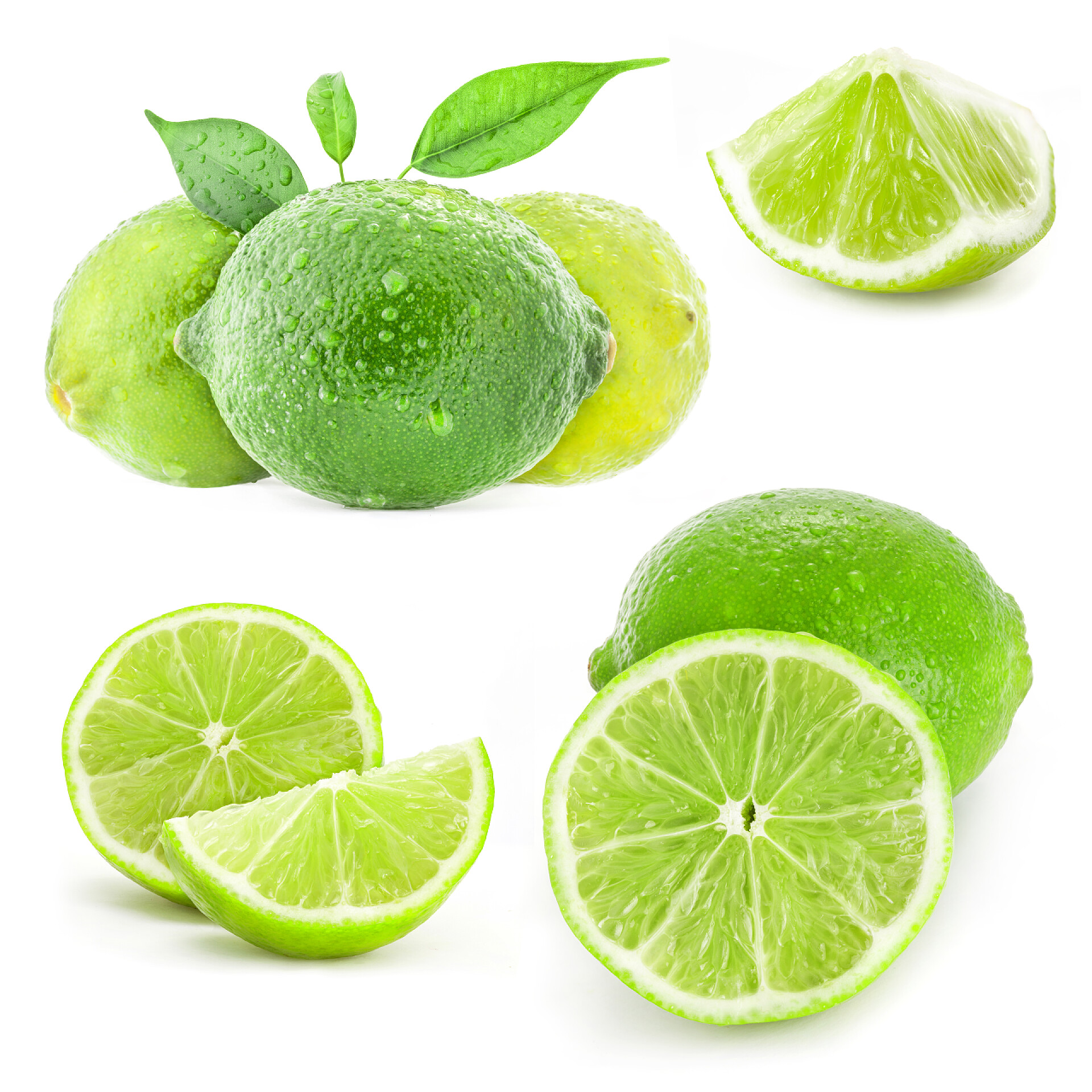 水果白色背景上的新鲜柠檬和柠檬切片