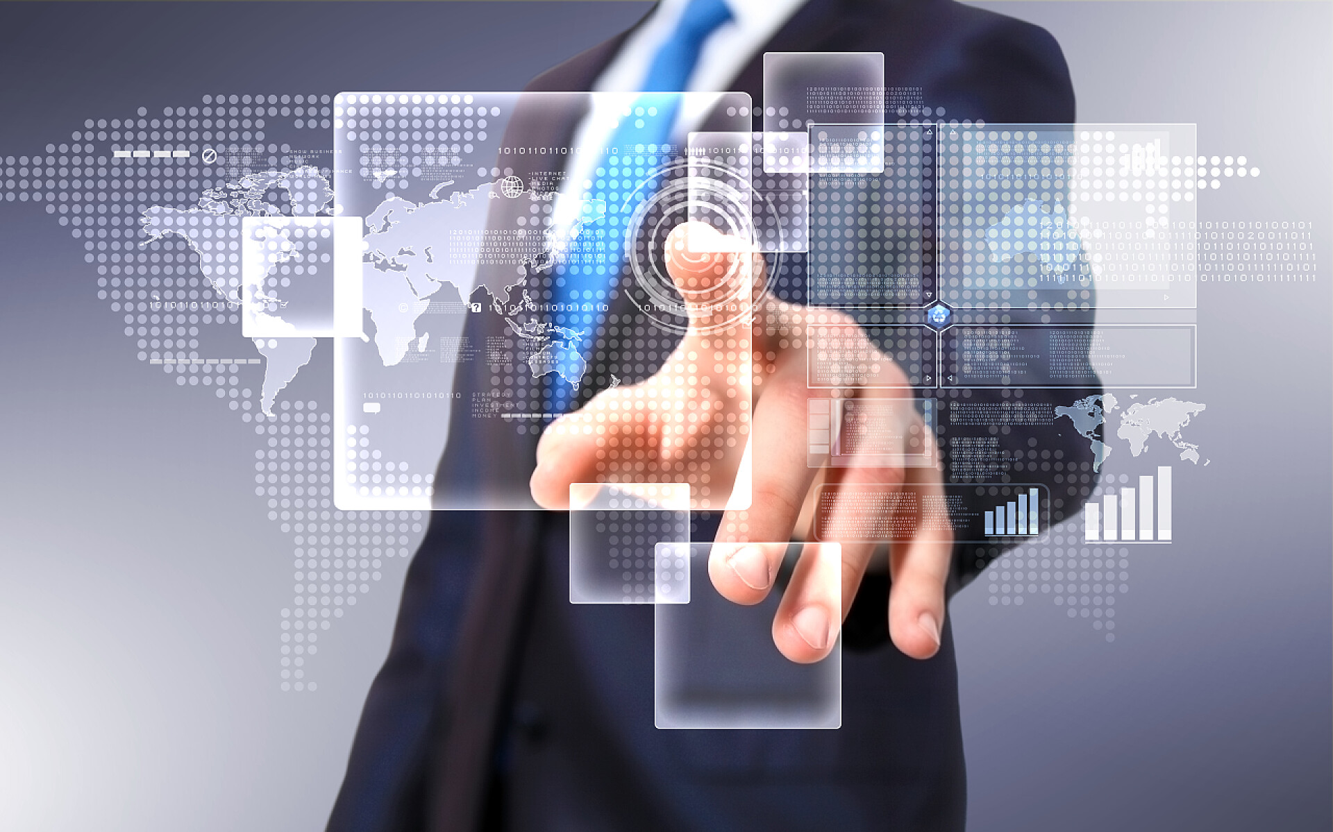 商务商人用手指操纵数字虚拟显示屏科技