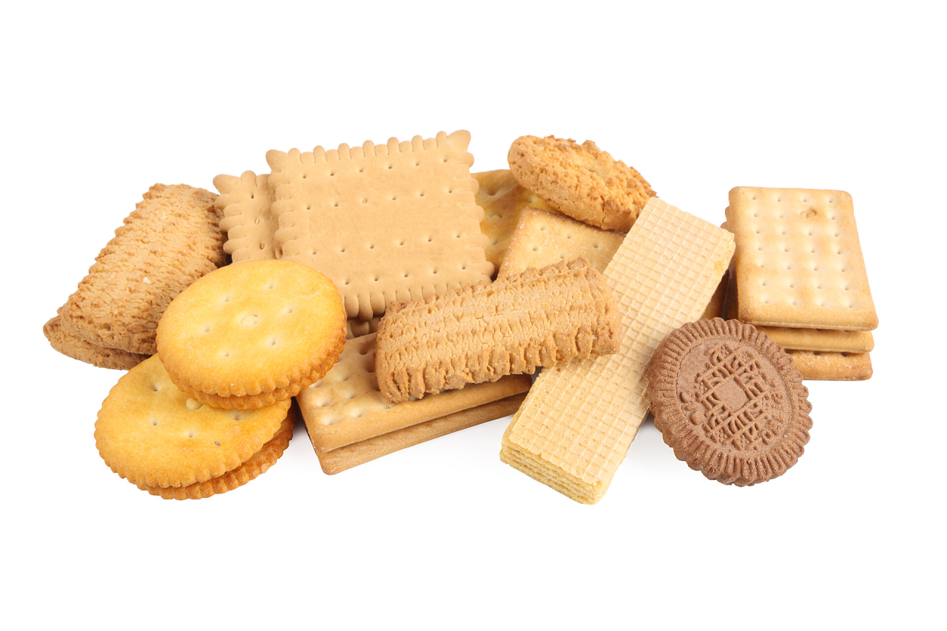 白色背景下形状各异的饼干食物