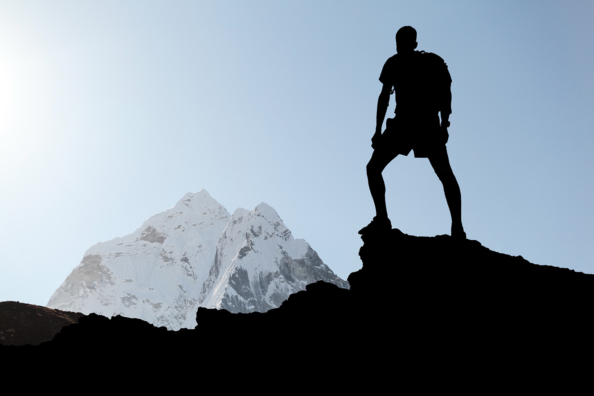 男子徒步旅行在喜马拉雅山脉的山顶