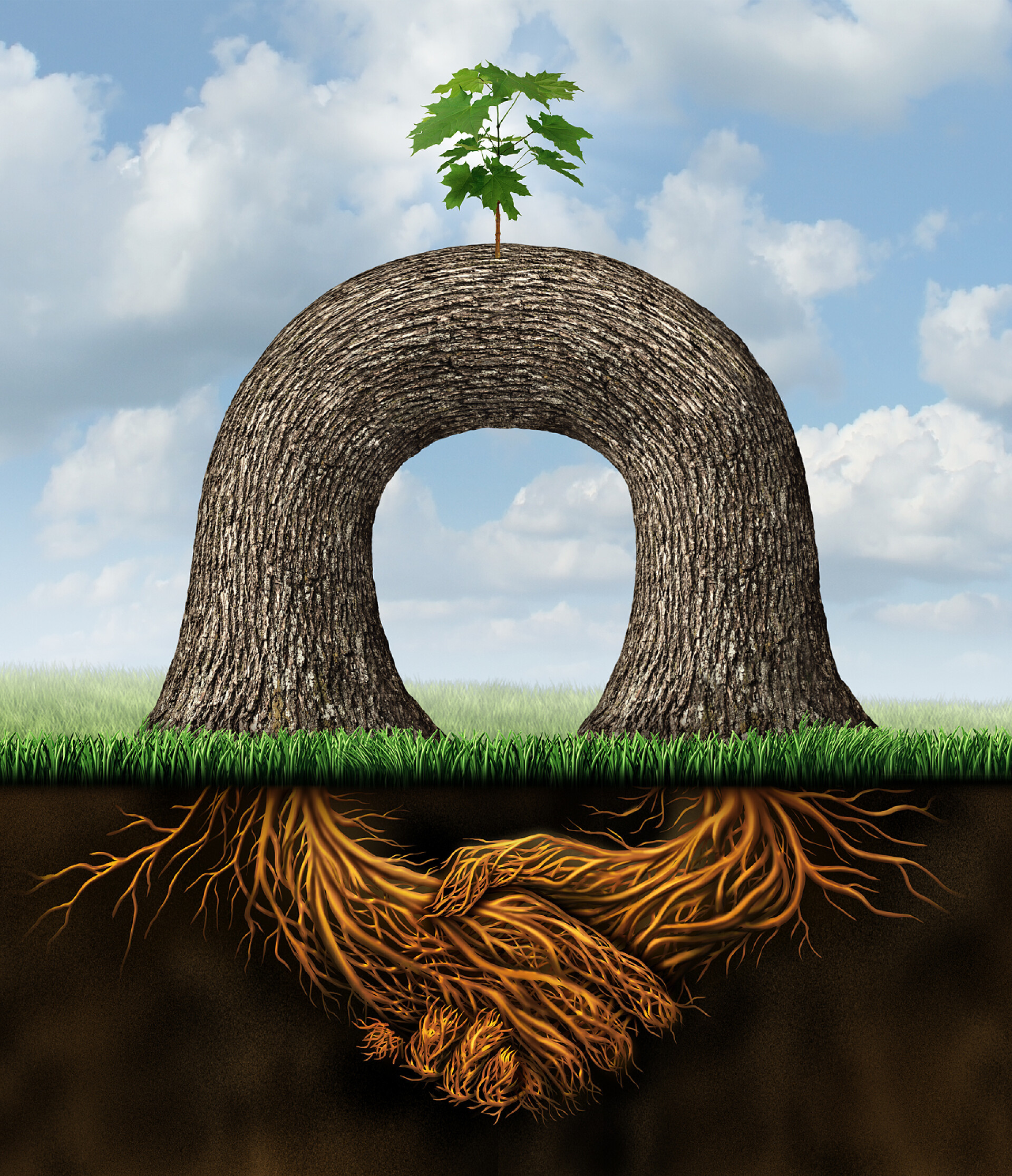 蓝天下弯曲握手的植物根茎伙伴关系电力业务概念与加入部队一起，以创建一个新的增长机遇与植物的根作为标志的后一项合同在协议握手的两棵树.