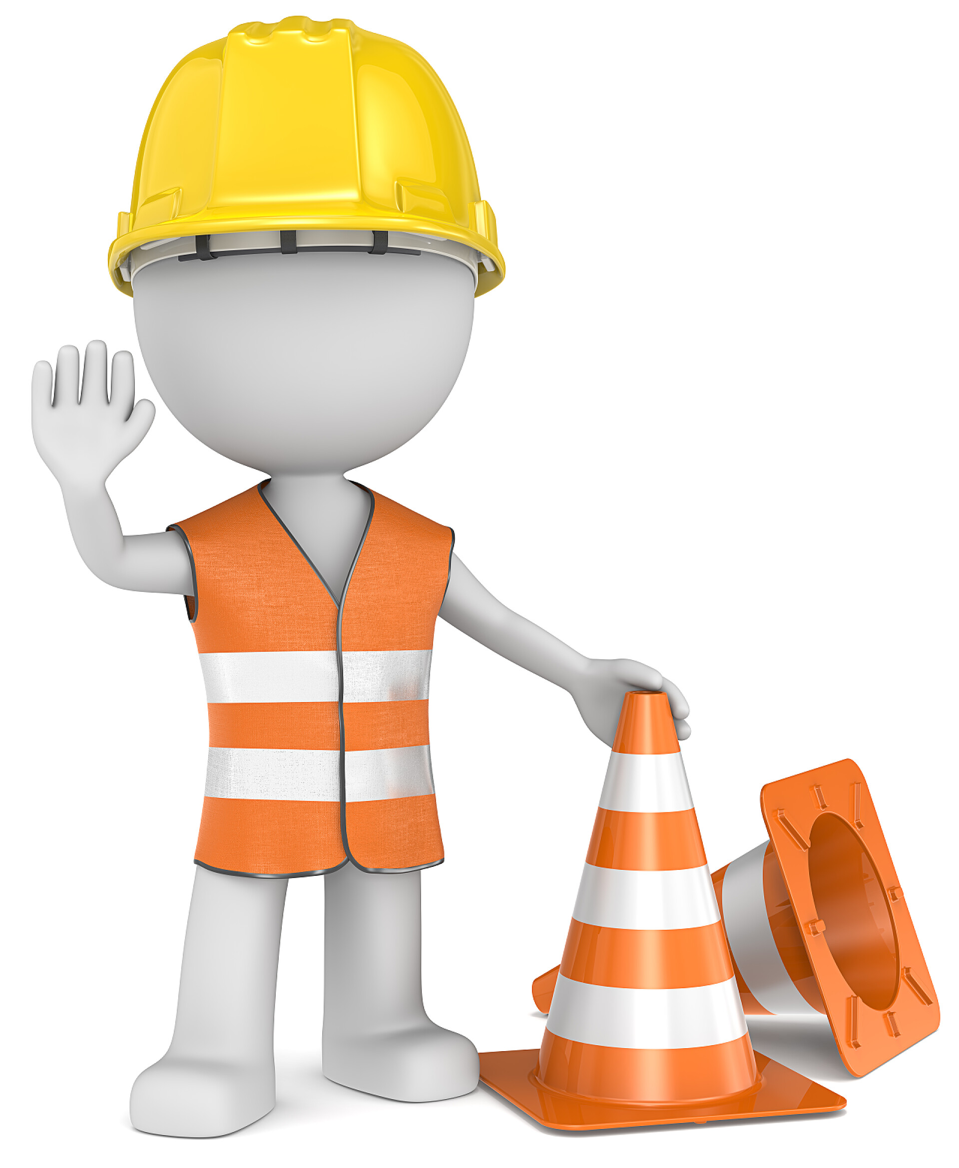 白色背景上施工员做禁止手势道路施工