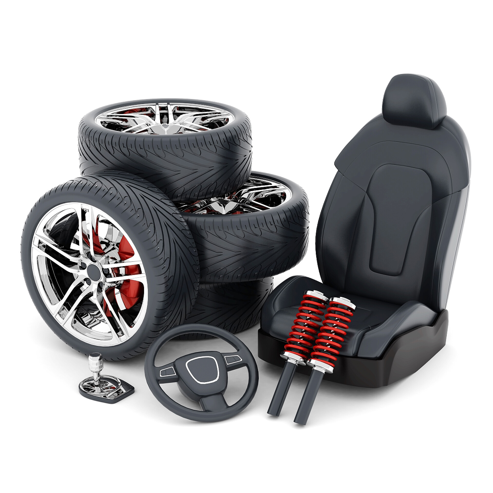 工业制造白色背景上的很多汽车零部件