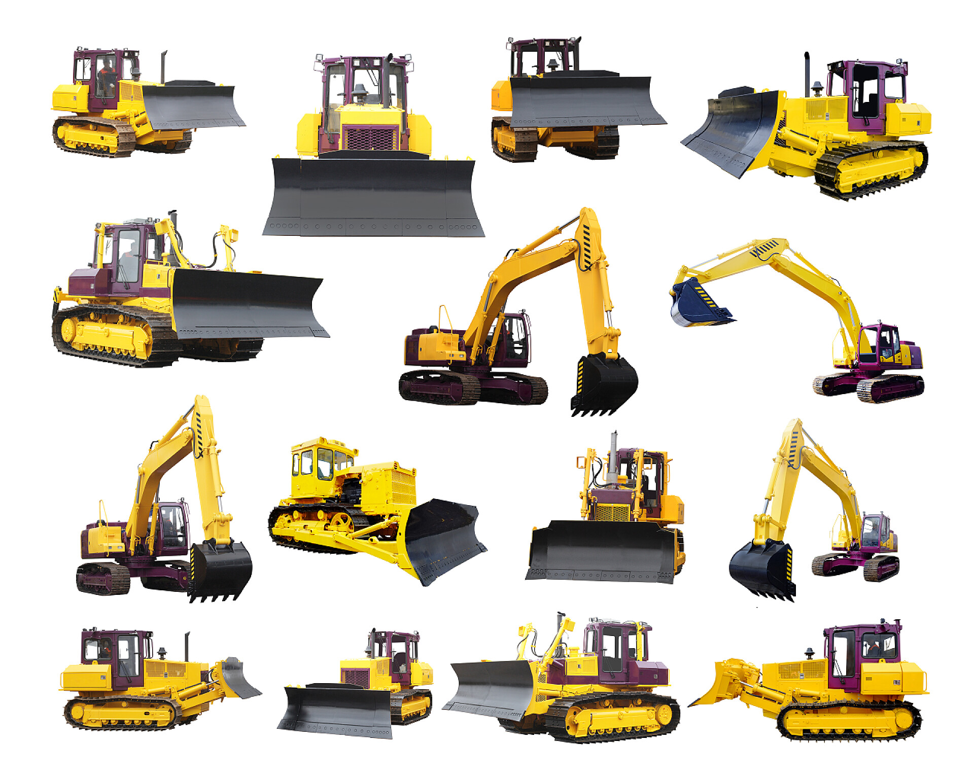 推土机和挖掘机在白色背景下的形象