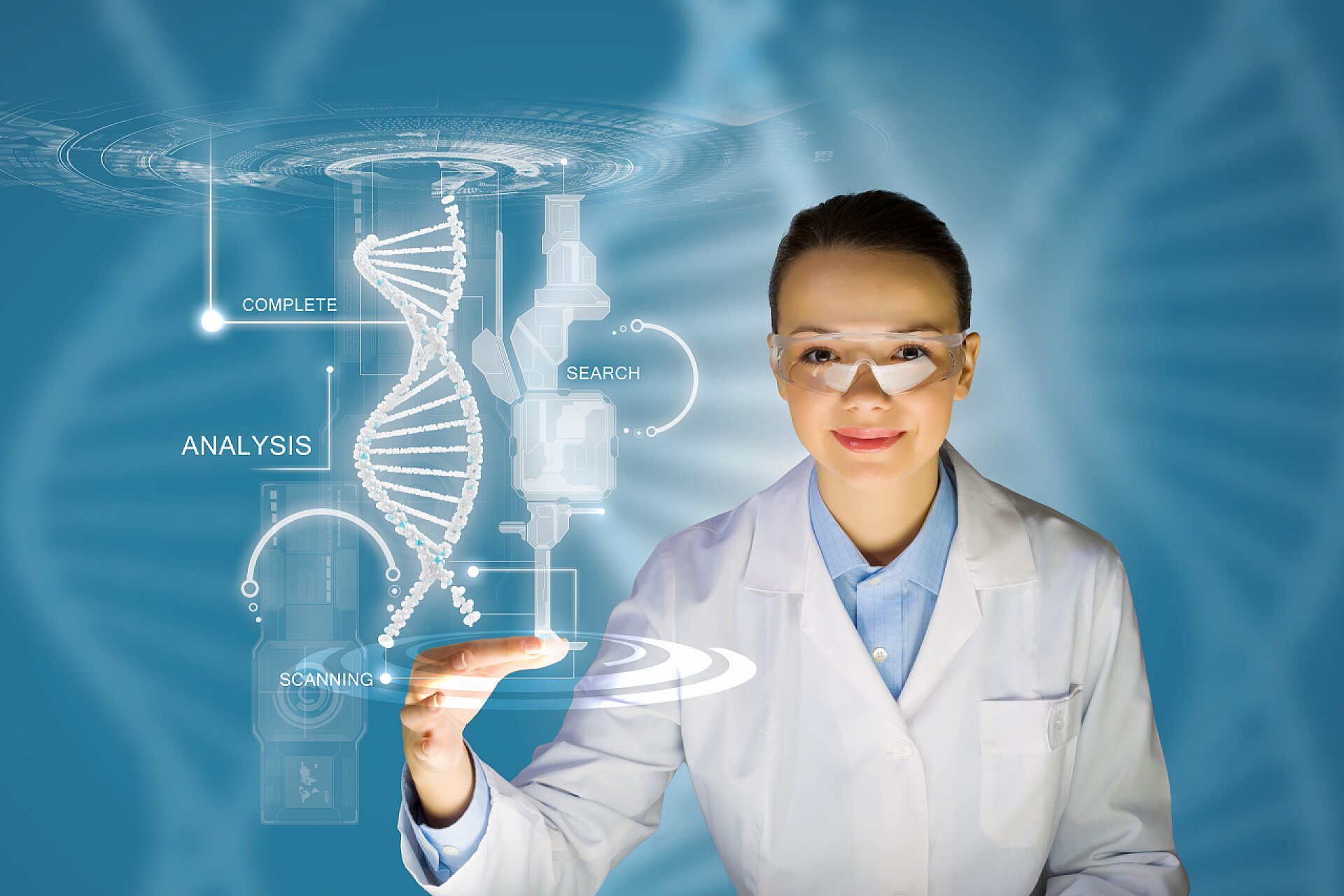 医药医疗研究科学技术女科学家触摸DNA分子图像在屏幕