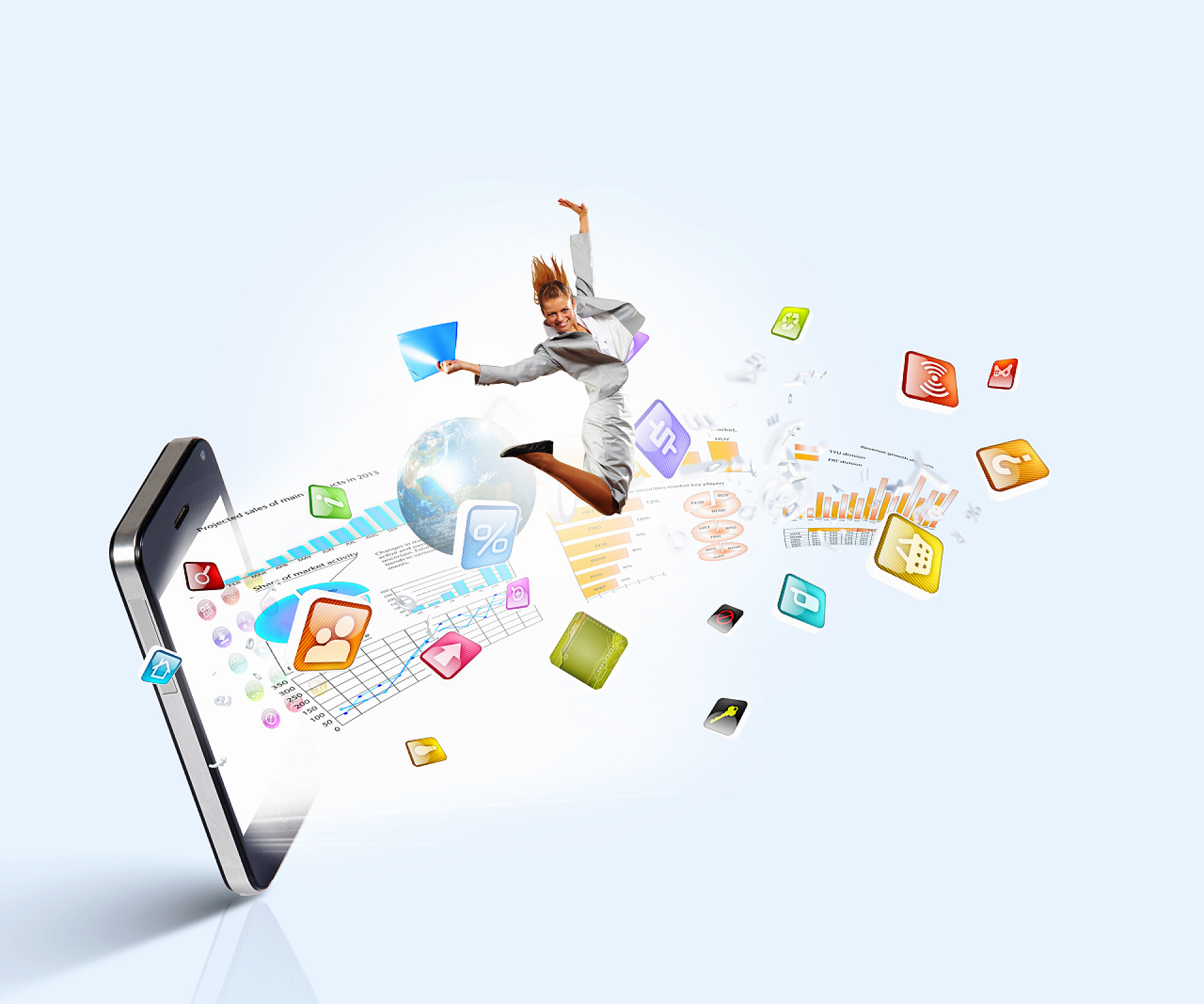 电子商务女人飞出手机特写镜头