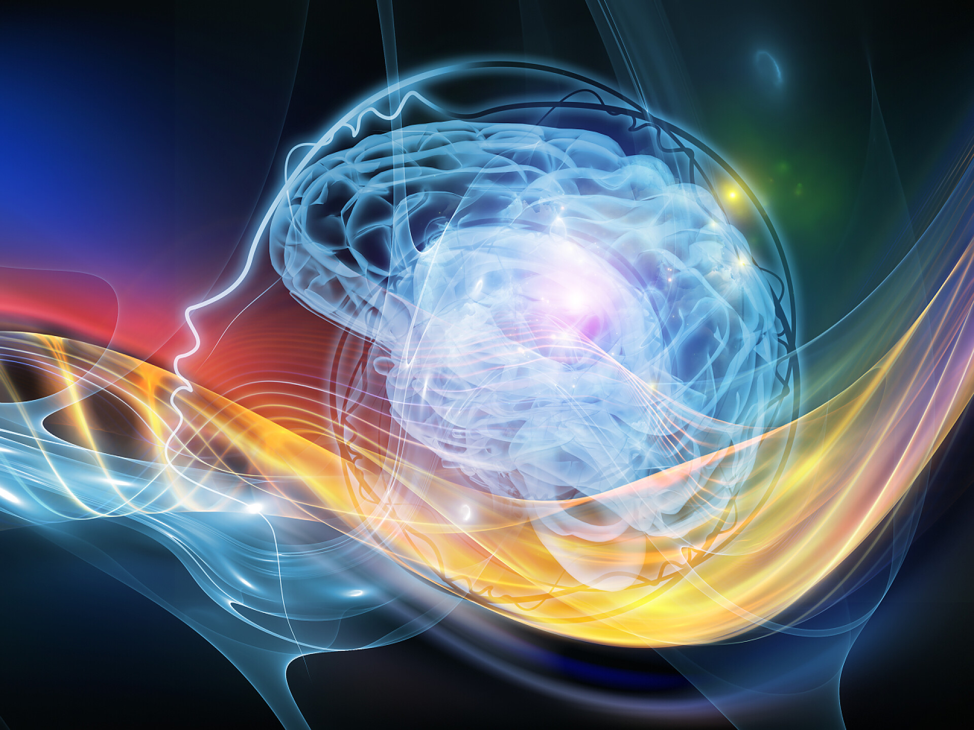 彩色科技线条背景上的人脑人类思维系列。背景设计脑、人体轮廓和分形元素提供支撑组合工程在技术 科学、教育和人的心灵