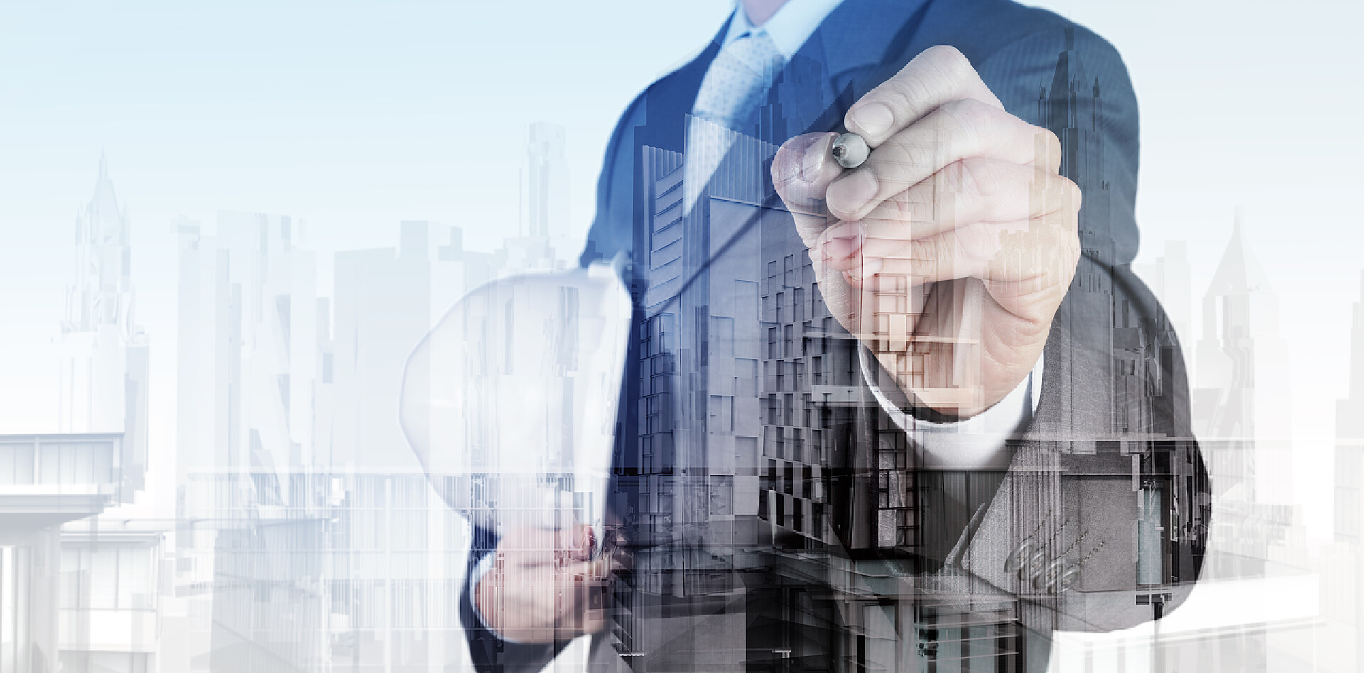 工程师商人站在现代化背景中商人商务商业生产双重曝光