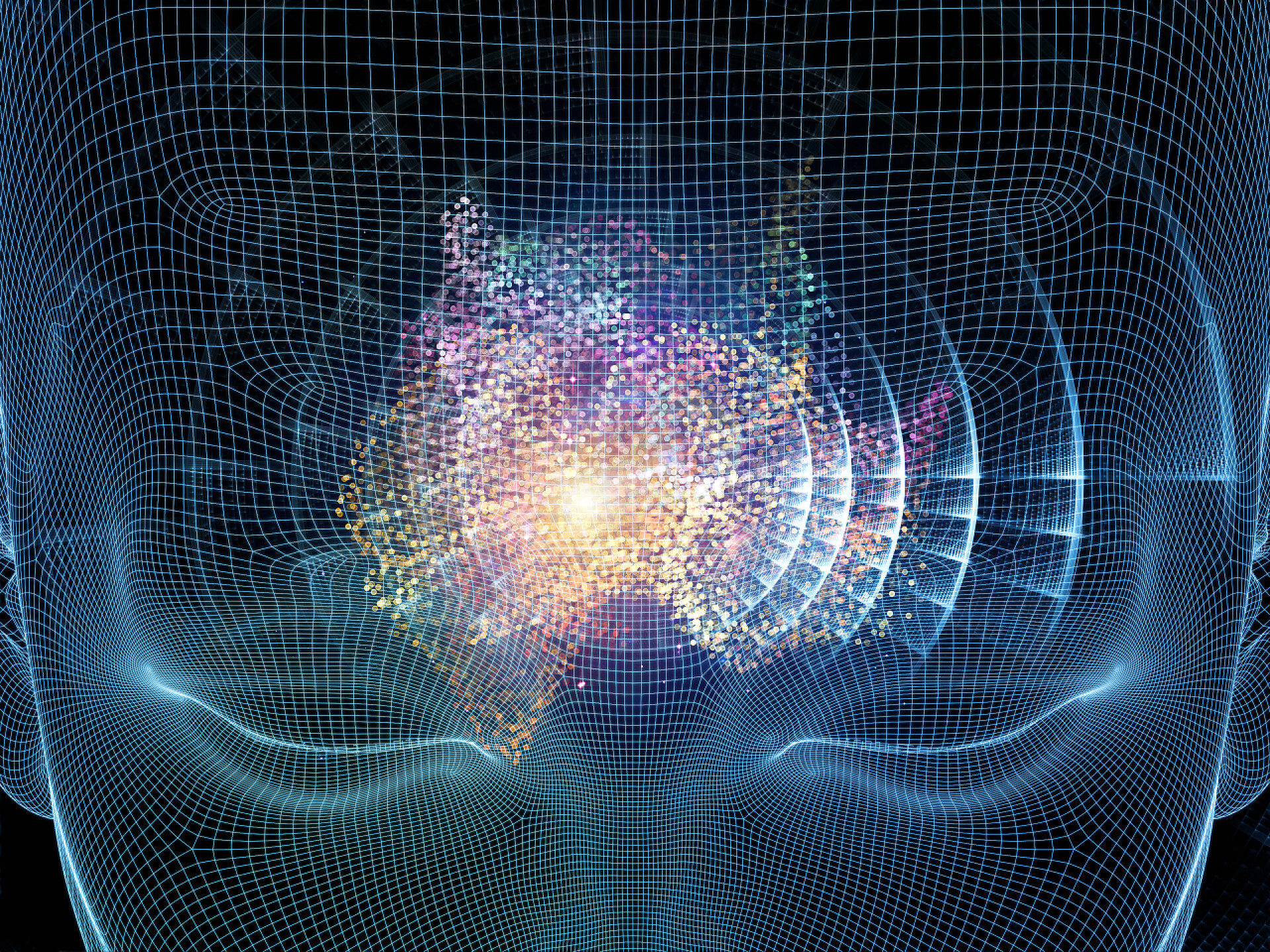 三维人形脑部透视脑电波感应概念人脸线架和分形元素的背景设计