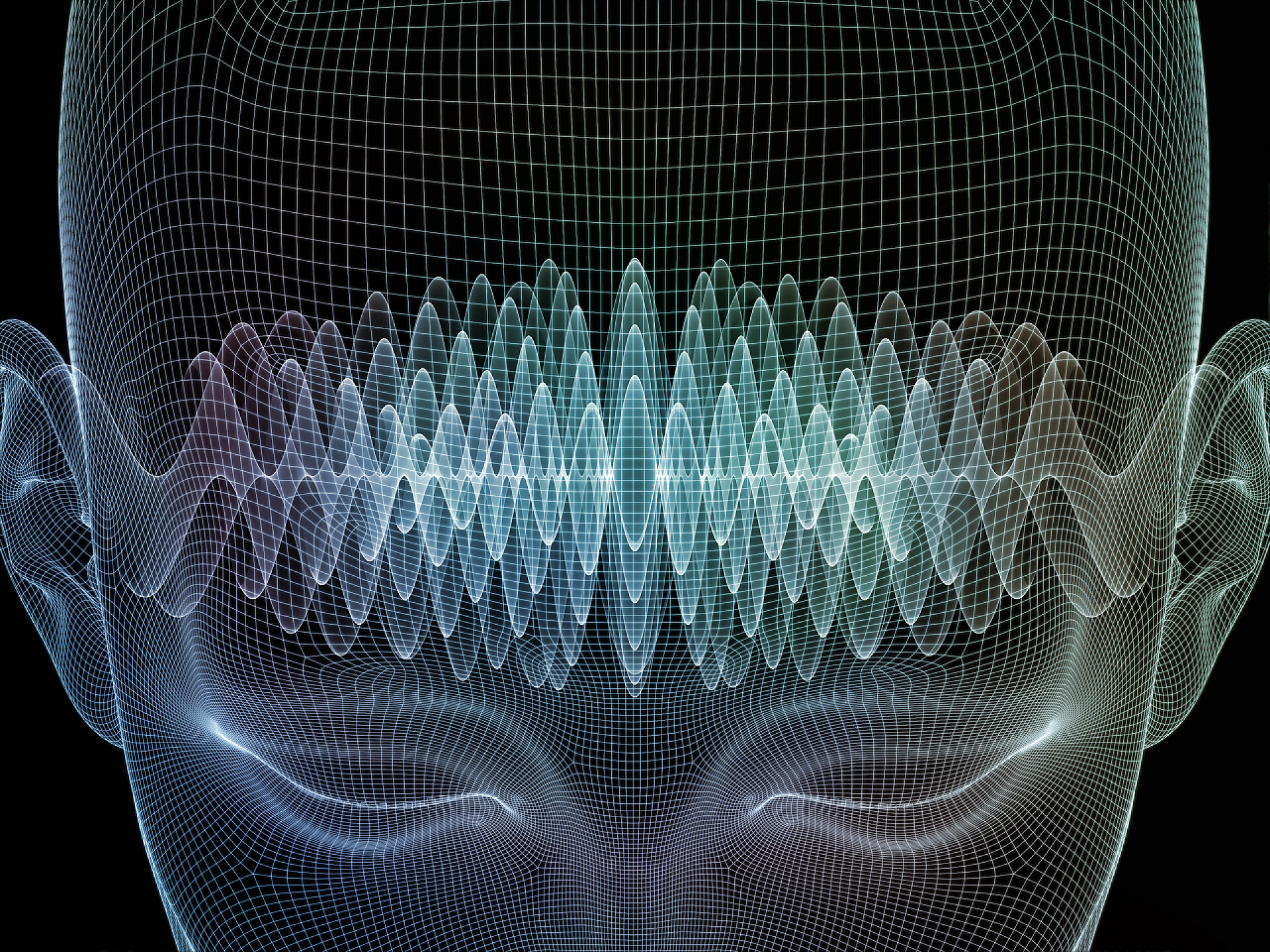 人脸线架和脑电波的背景设计系列的心境。人脸线框和波元素作为头脑、原因 思想 精神力量和神秘意识的项目支持背景的组成