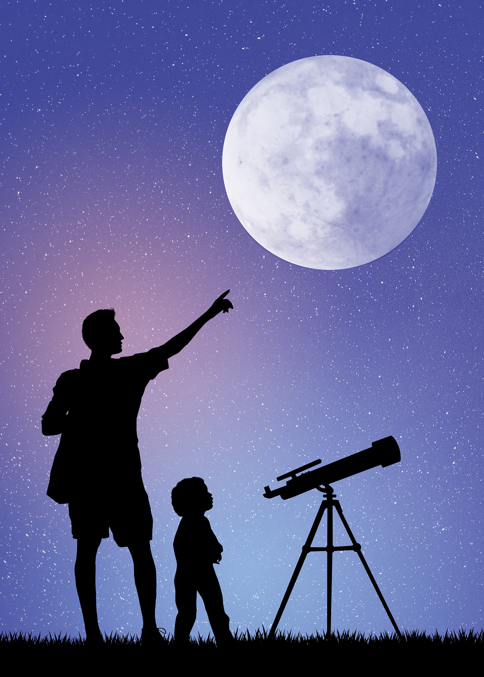 父亲和儿子用望远镜观测月球星空宇宙探索大自然