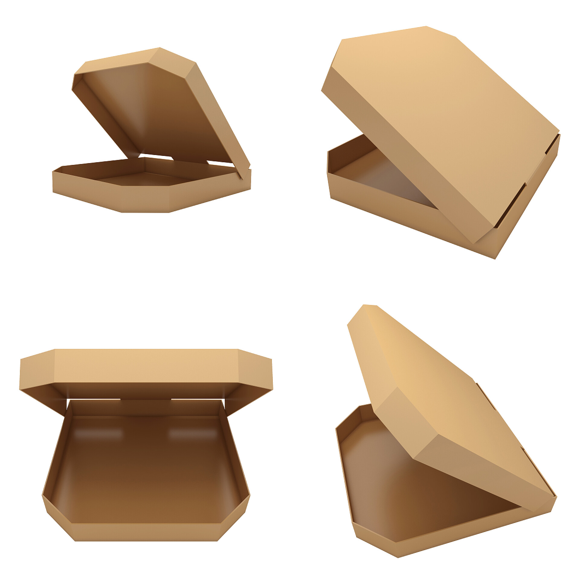 白色背景上四个比萨饼盒子