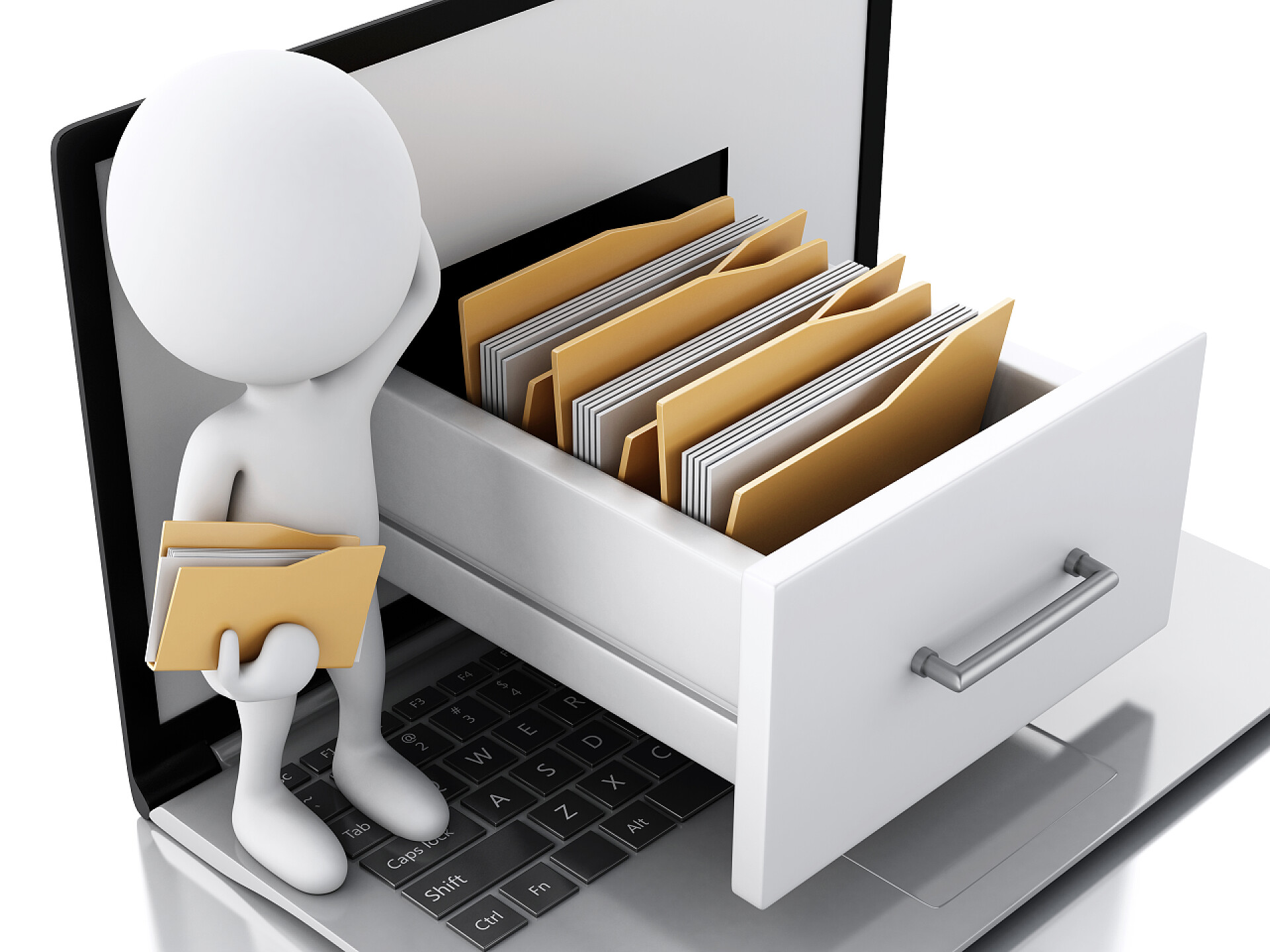 商务3D人物站在笔记本电脑上找文件