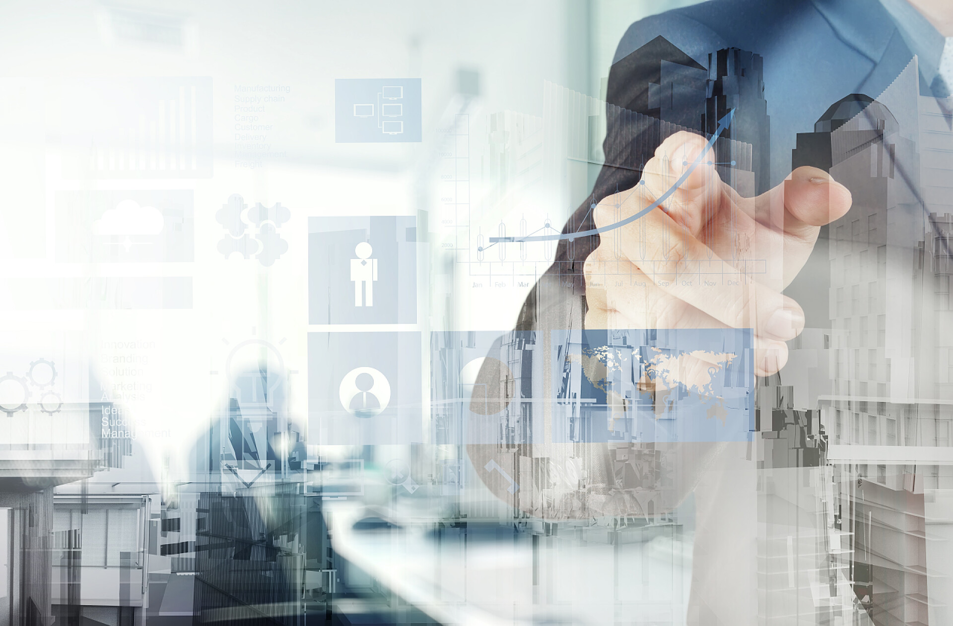 商务办公室背景上的商人双重曝光以现代计算机和商业新战略为概念