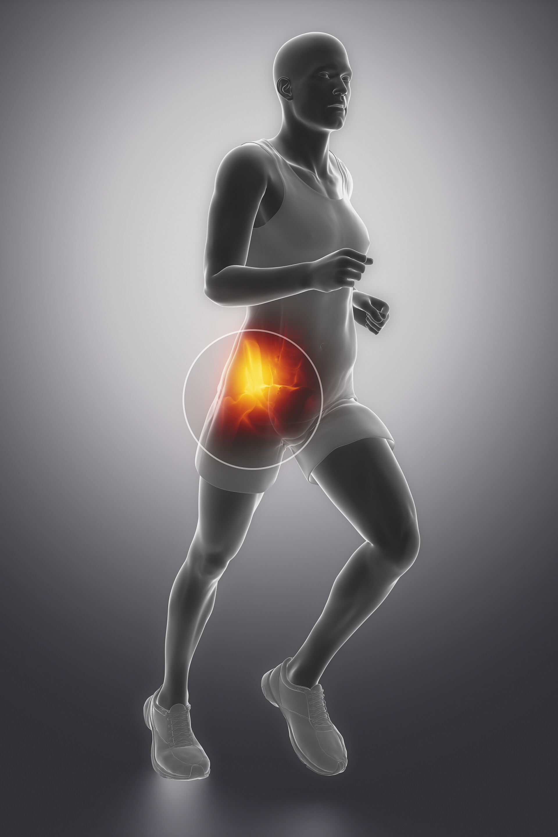 灰色背景上的男人跑步髋关节运动走向展示图