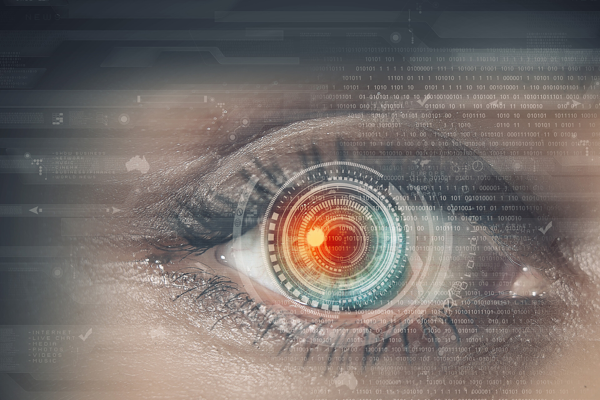 科技感数字扫描女人眼睛的特写生物识别技术