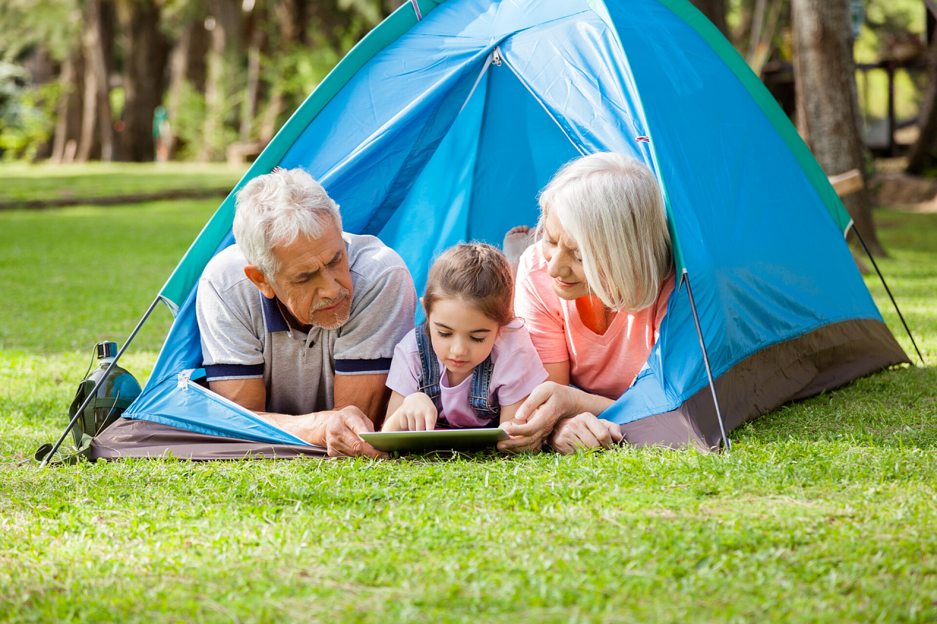 在公园的露营地使用数字平板的孙女和爷爷奶奶郊游