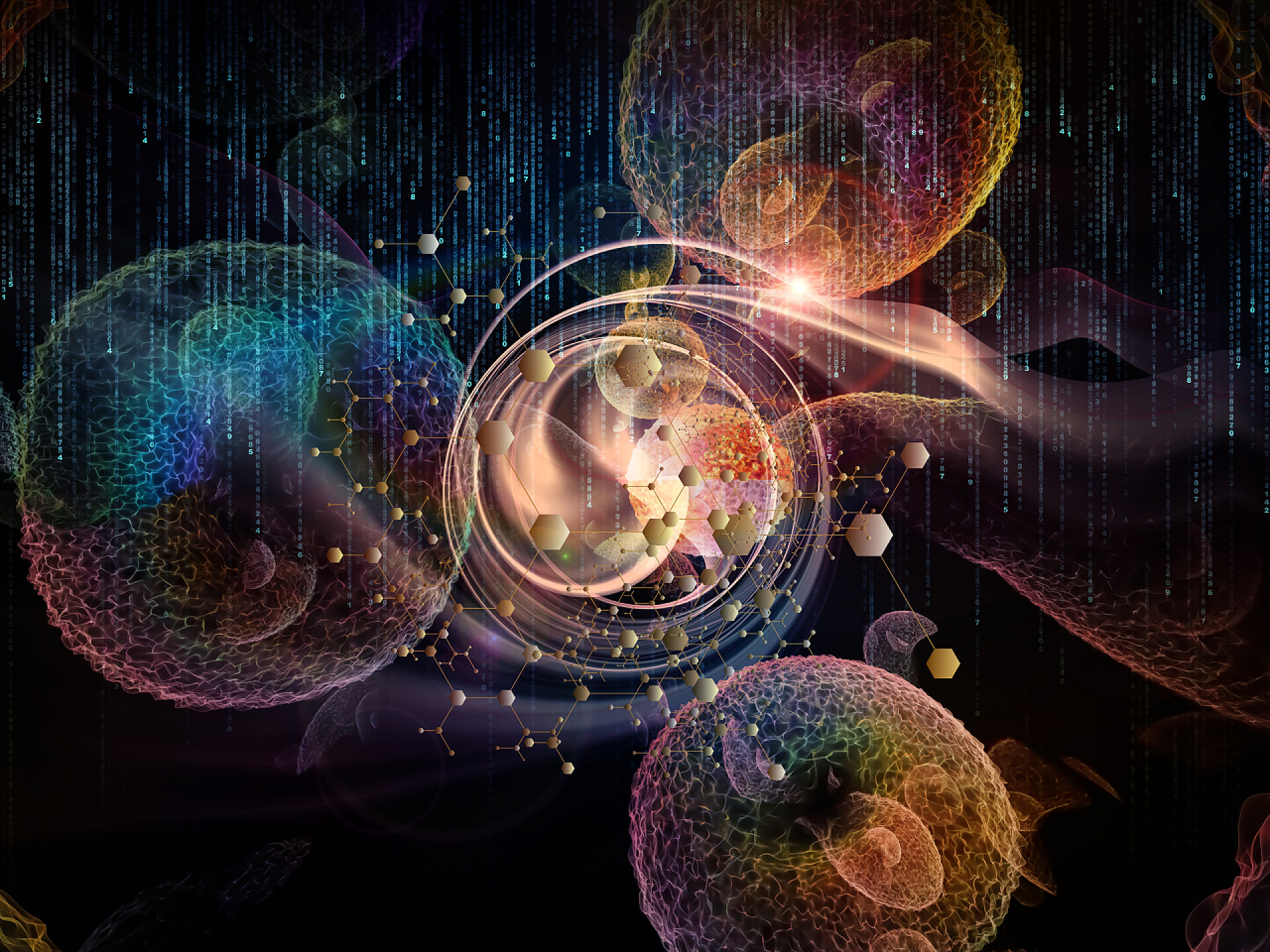 医疗健康不同的人体细胞科学粒子系列。关于科学、教育和技术问题的分子粒子和灯的排列