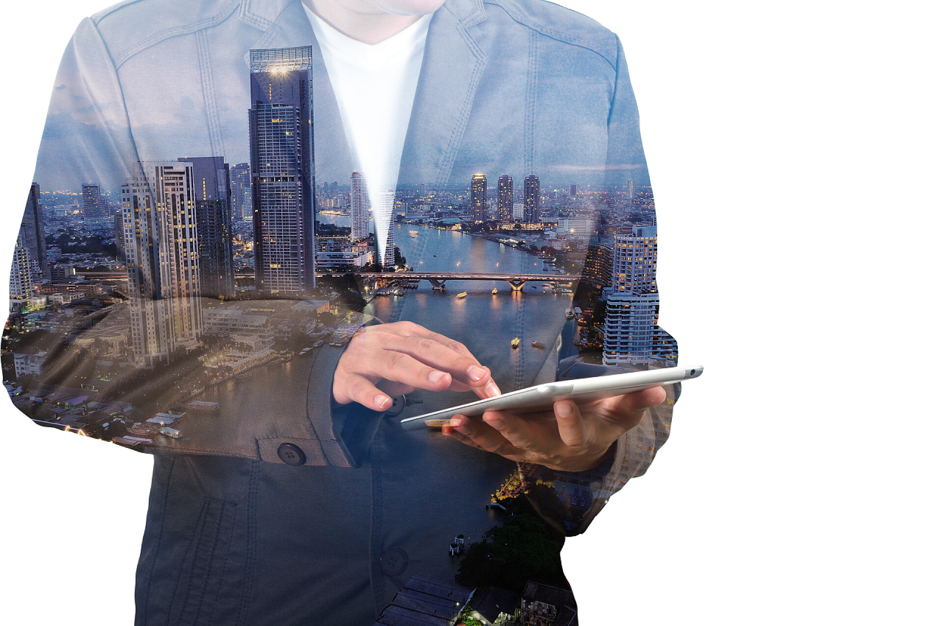 商务商人和城市融合的背景二次曝光