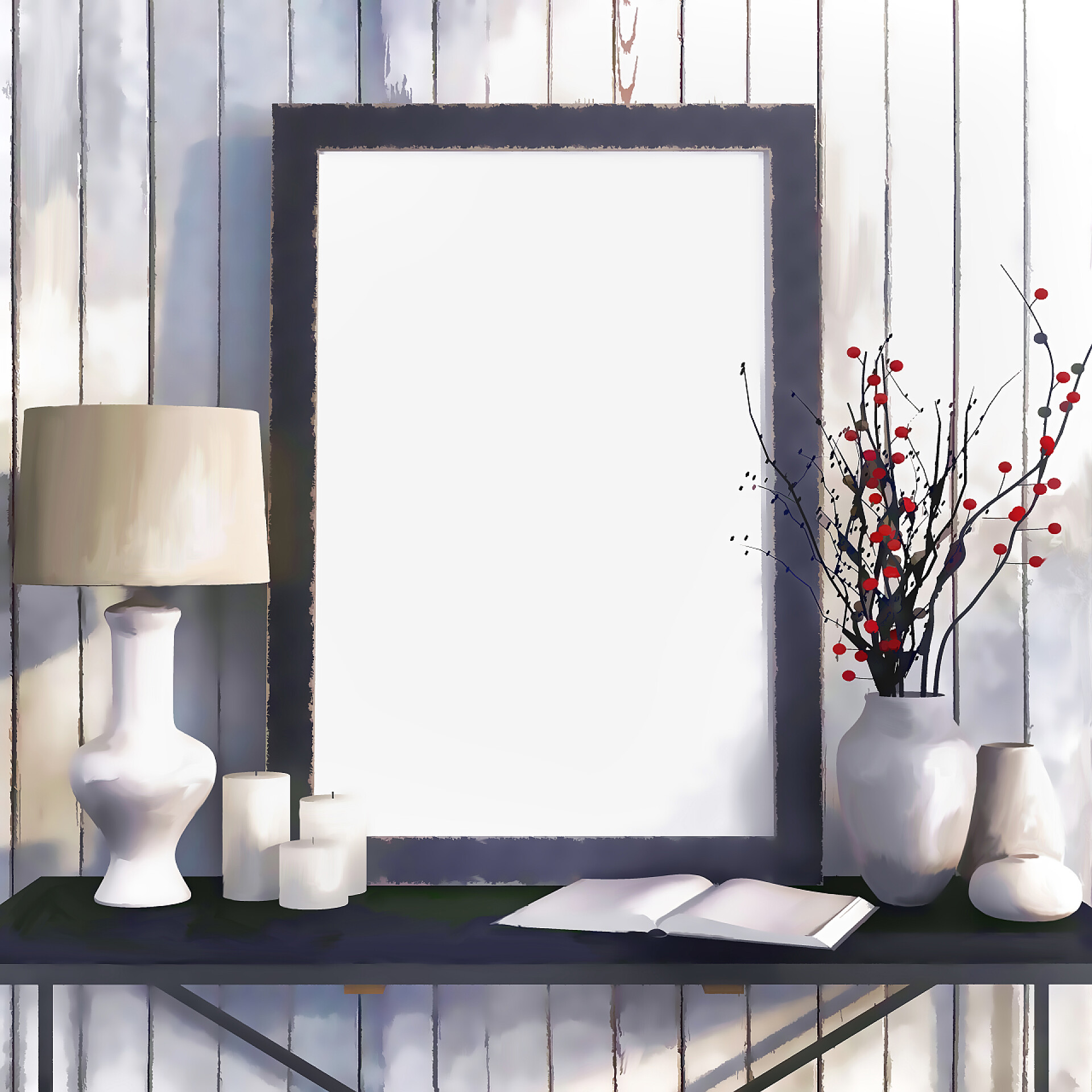 桌子上的挂画木板和花盆