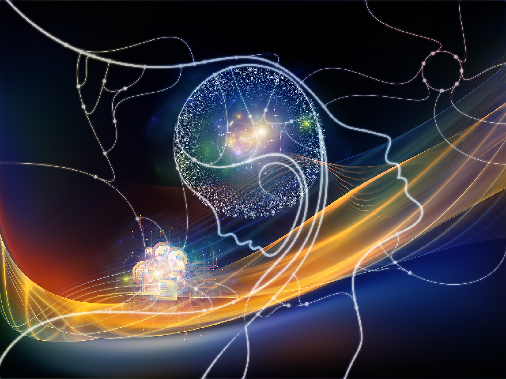 抽象人工智能大脑科技连接的头脑系列。人类的配置文件、 电线 形状和抽象元素上的头脑、人工智能、技术、科学和设计主题背景设计