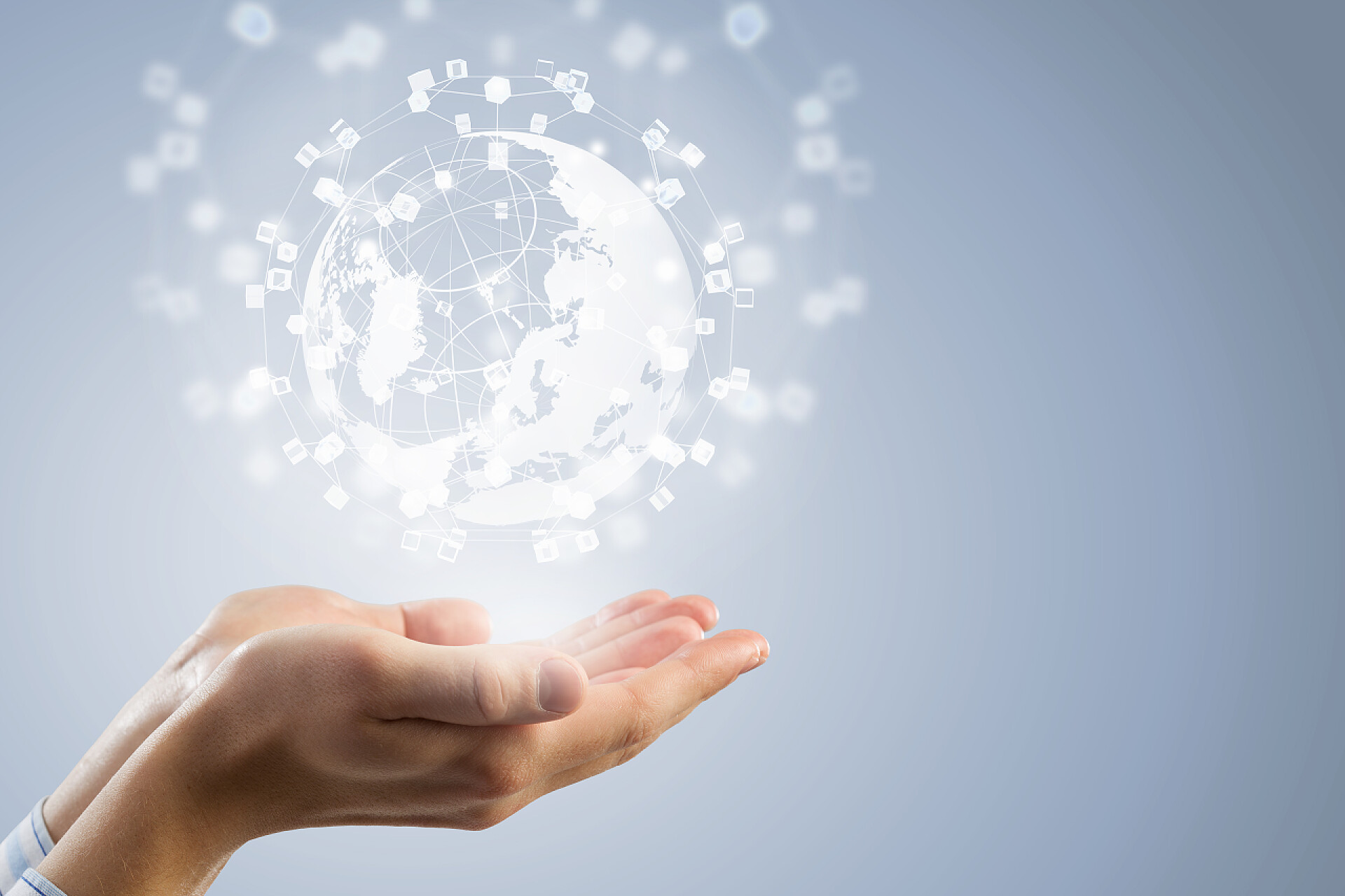 商务立体地球图全球连接概念与数字地球在手中