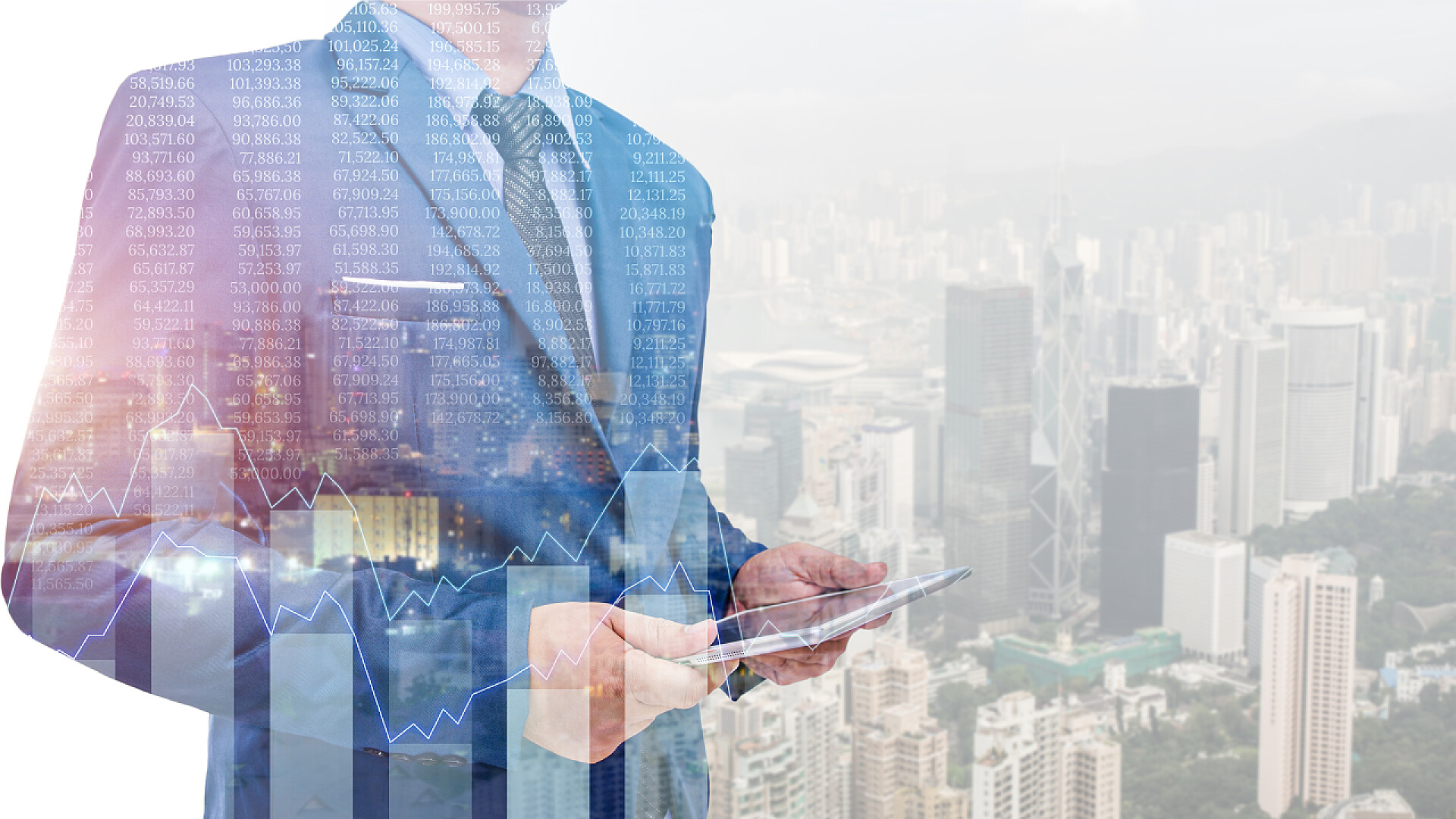 商务西装男在城市背景下双重曝光