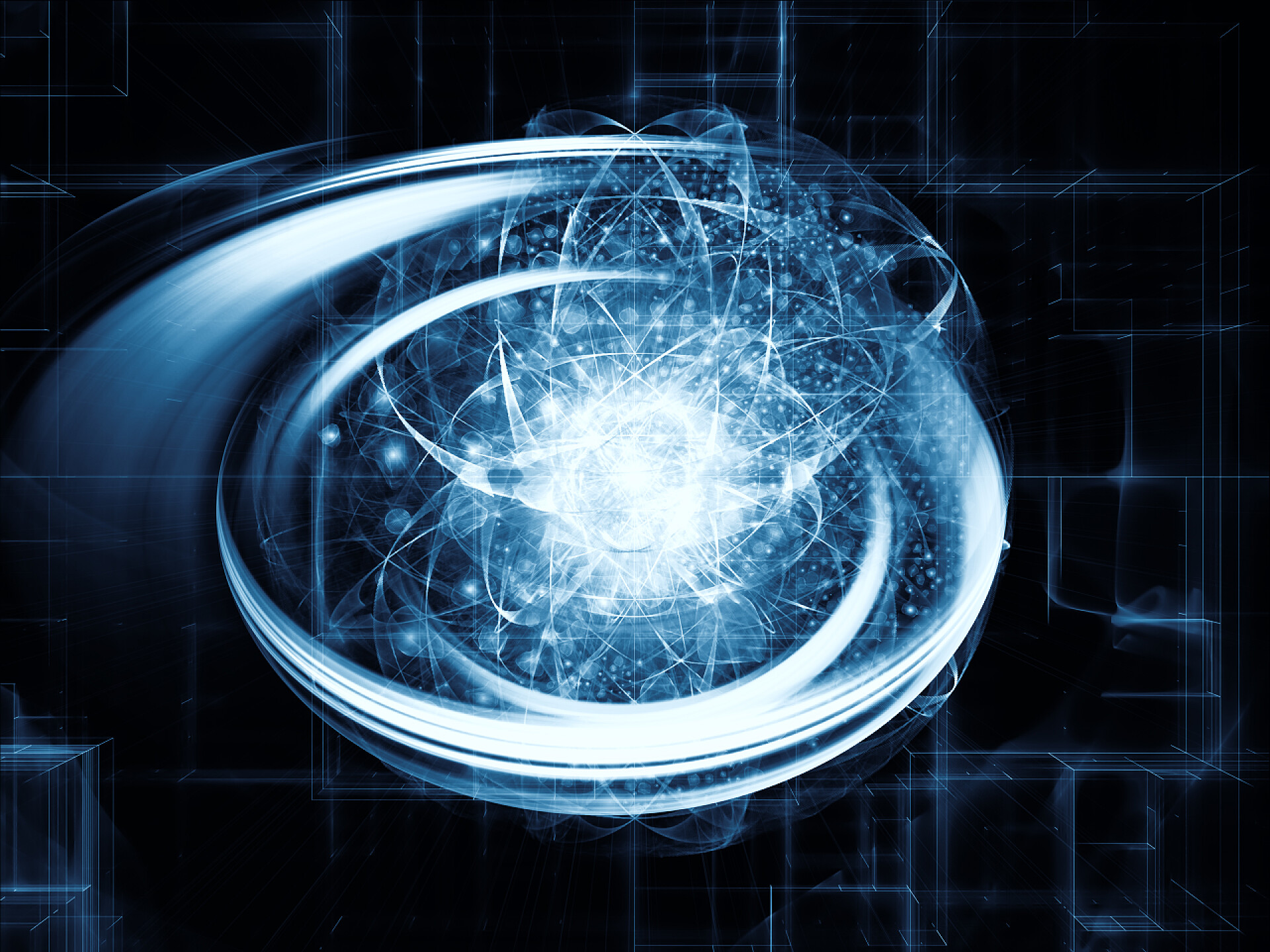 黑色背景上的院子颗粒原子的研究系列。分形颗粒组成、光和径向元素与科学、 教育和现代技术的隐喻关系