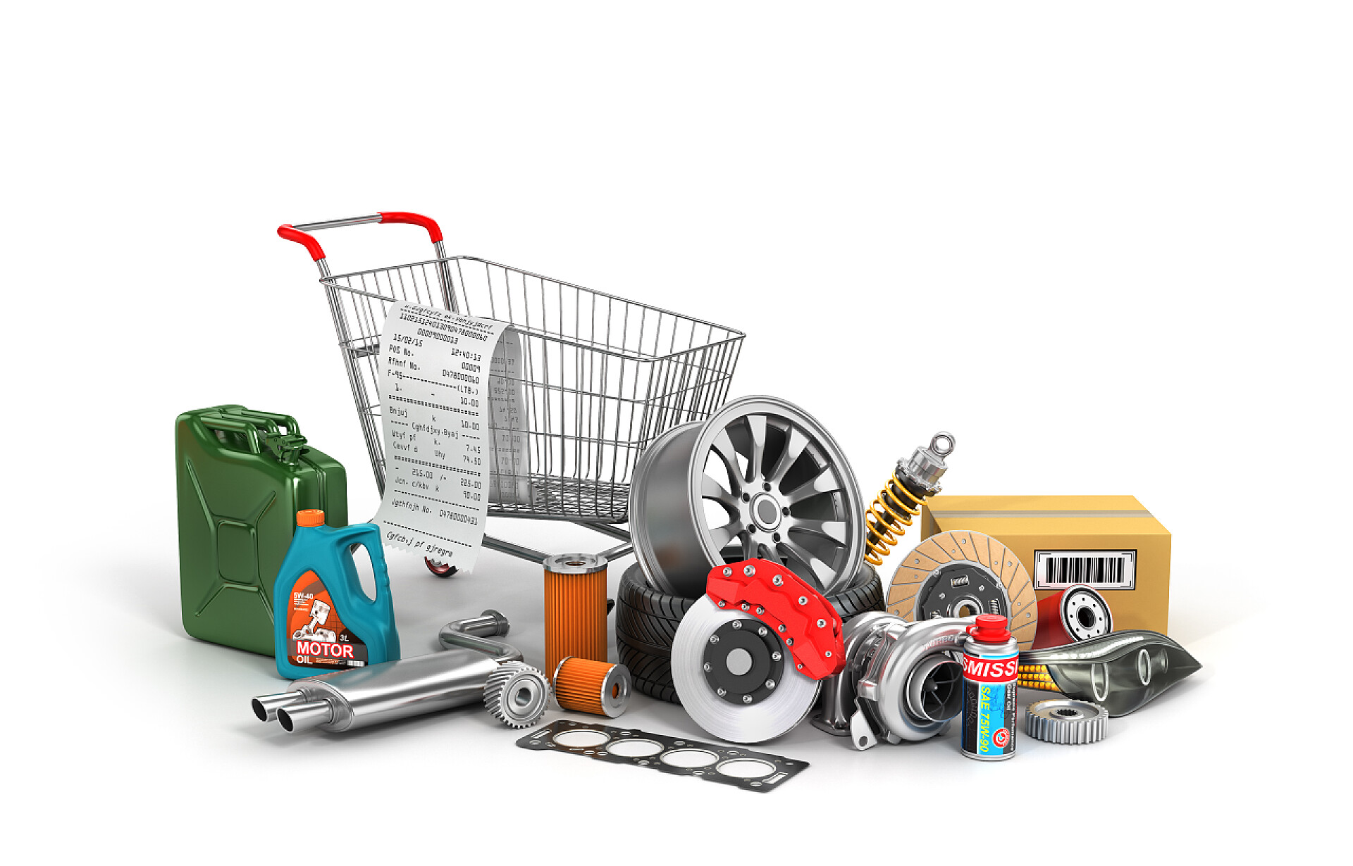 购买汽车配件的概念汽车配件购物的概念。许多汽车零部件附近购物车隔离在白色背景上。汽车篮店