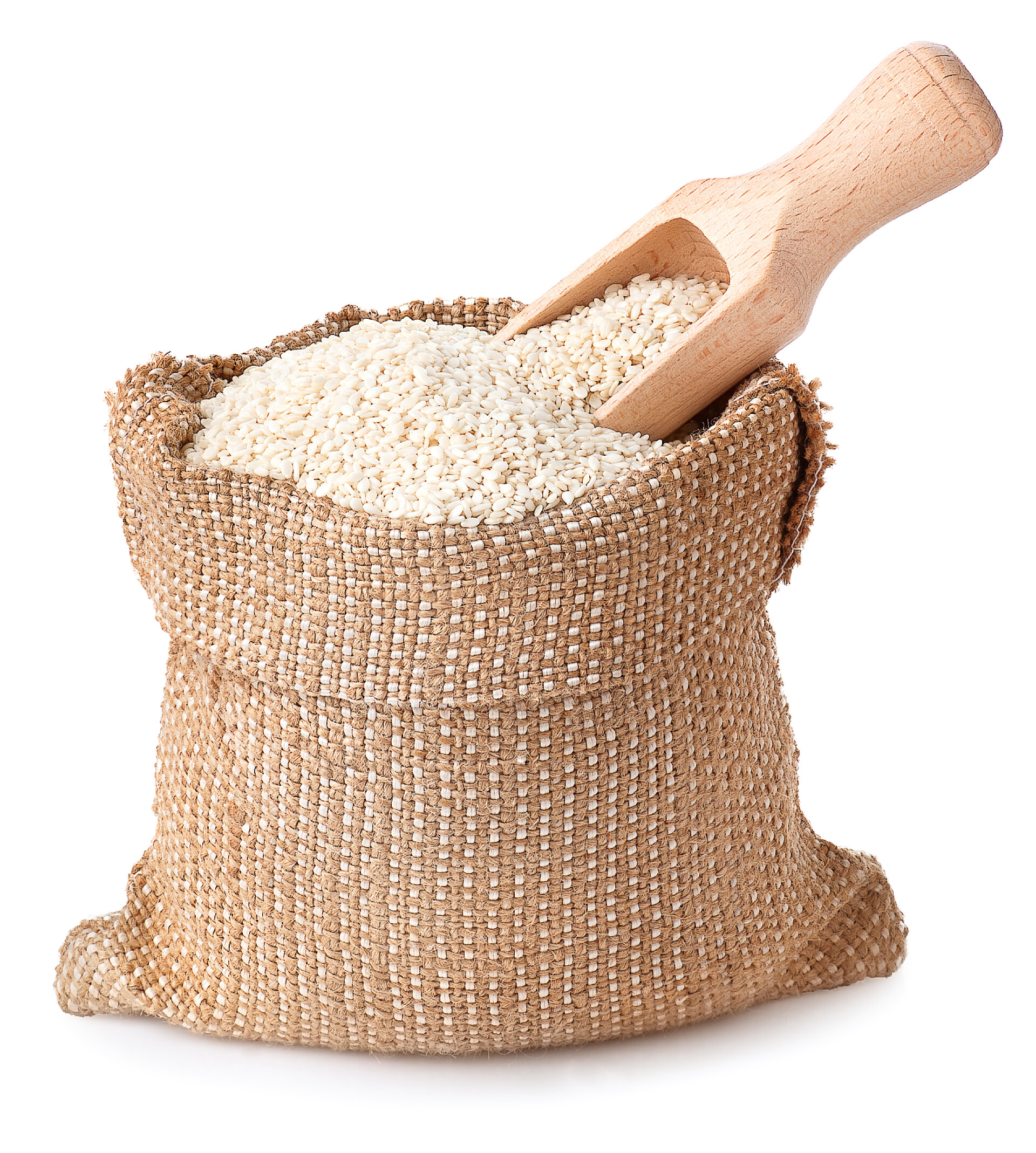 白色背景上的一袋芝麻农业芝麻种子具瓢在白色背景上孤立的麻袋里。充分的麻布袋芝麻。芝麻种子