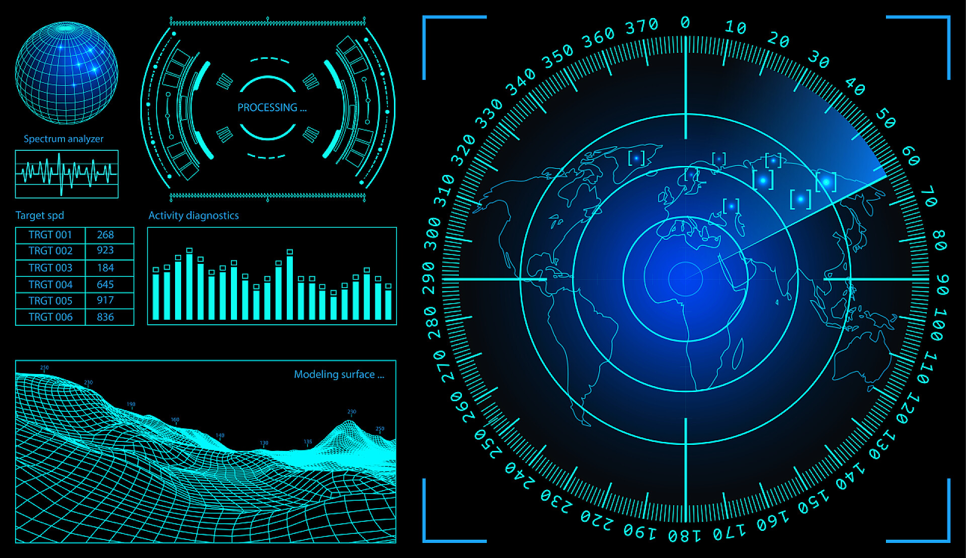 电子行业黑色的背景上的绿色雷达插图.
