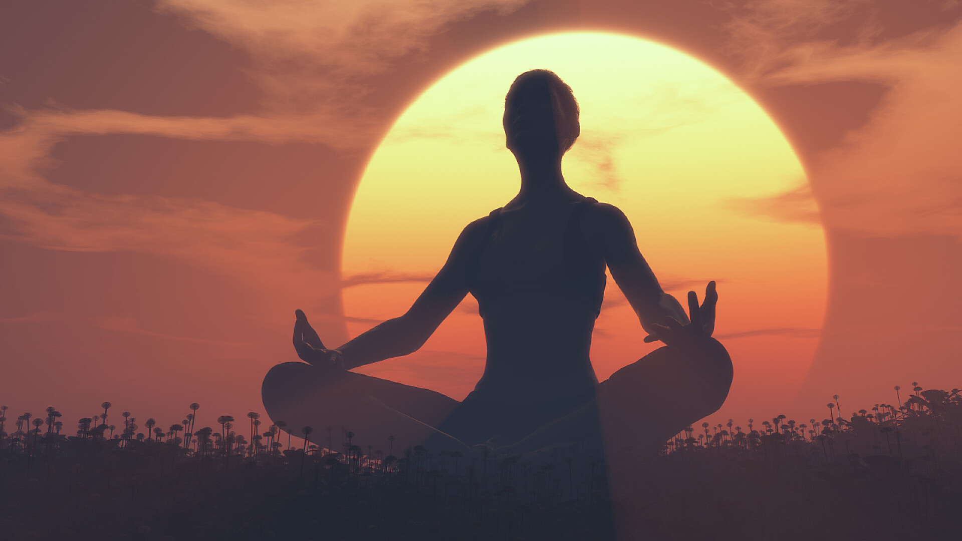 体育运动锻炼日落时分女孩做瑜伽的剪影