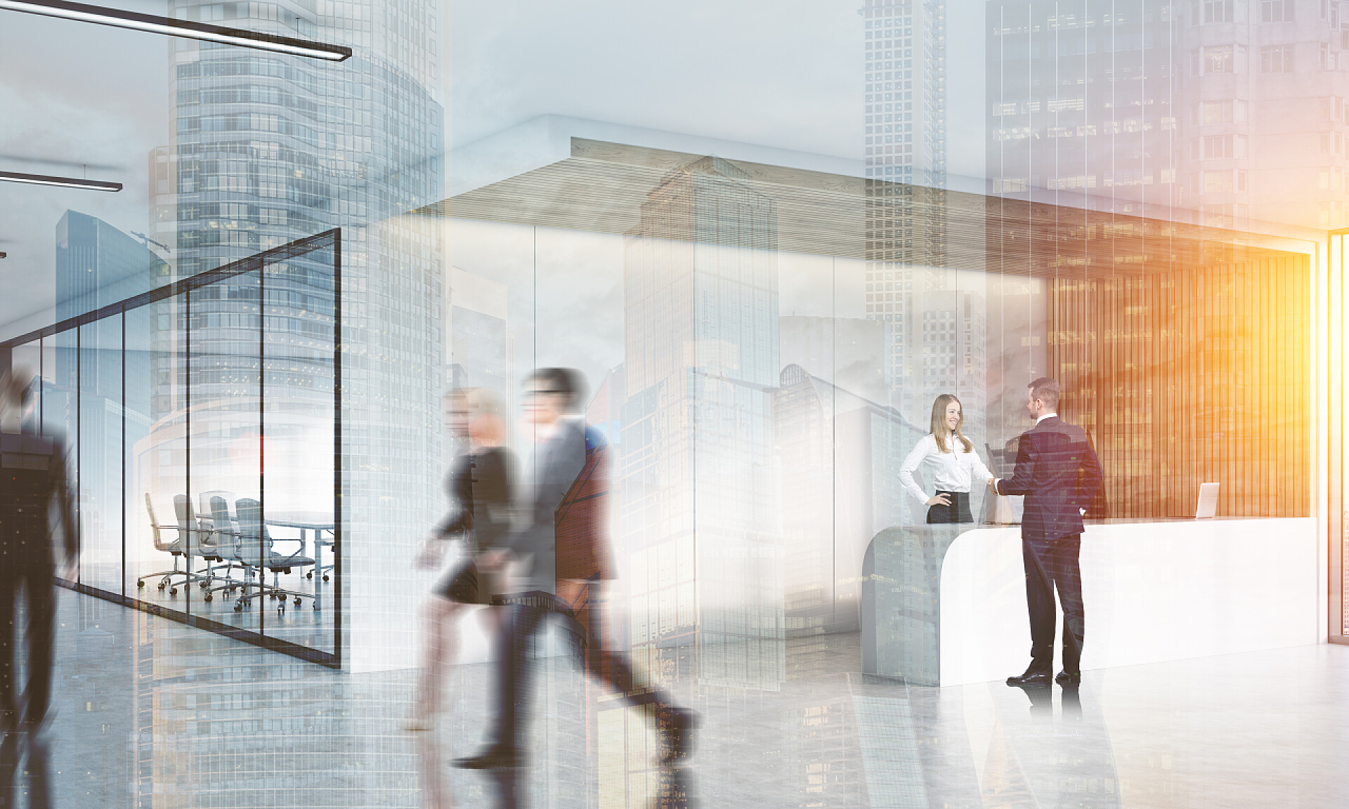 商务办公室背景上的商人双重曝光在接待处的办公室和会议室的玻璃门的走廊的人。舒适的工作区的概念。3d 染。小样。色调的图像。二次曝光