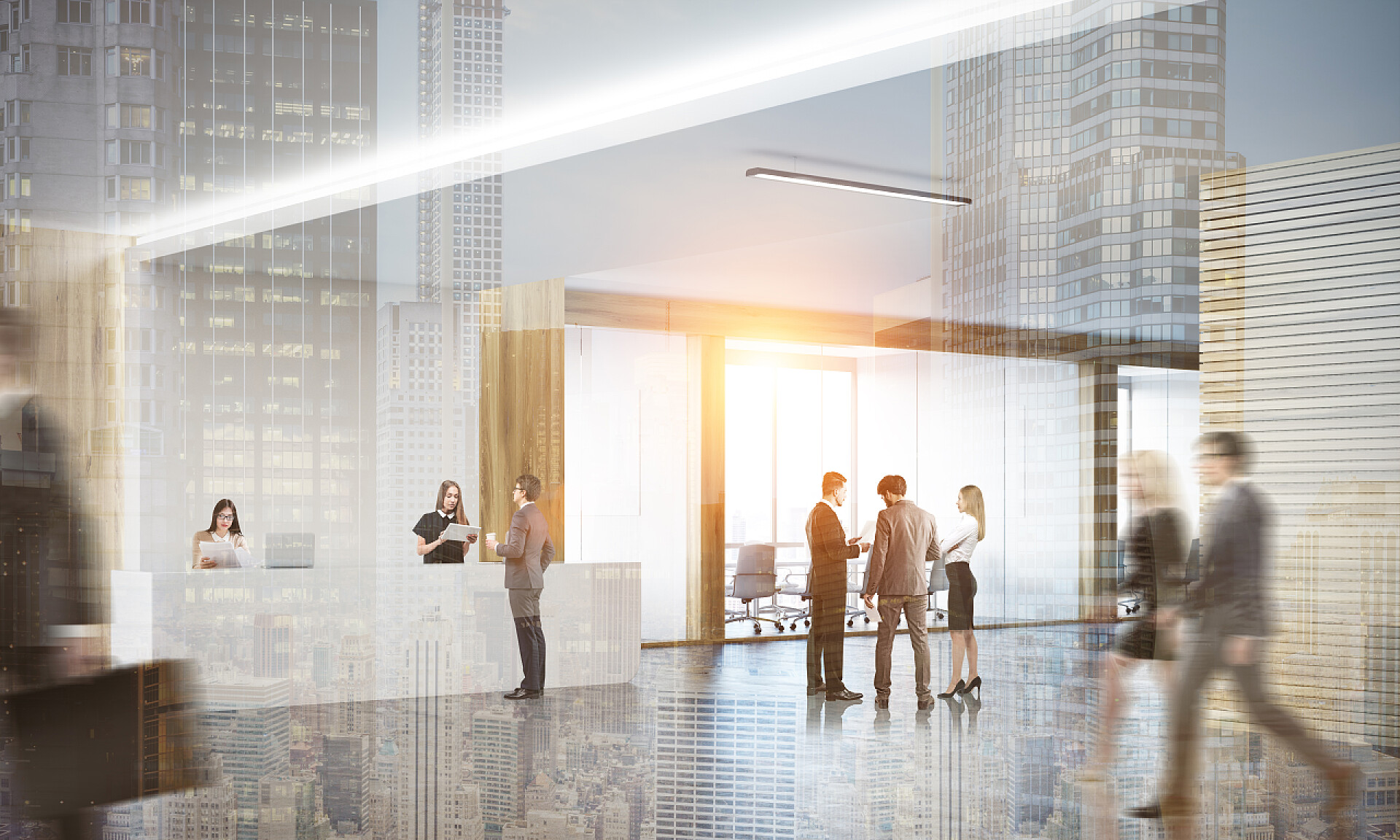 商务办公室大堂接待处大厅同事在大堂接待处的办公室和会议室的玻璃门。现代工作区的概念。3d 渲染。小样。色调的图像。二次曝光