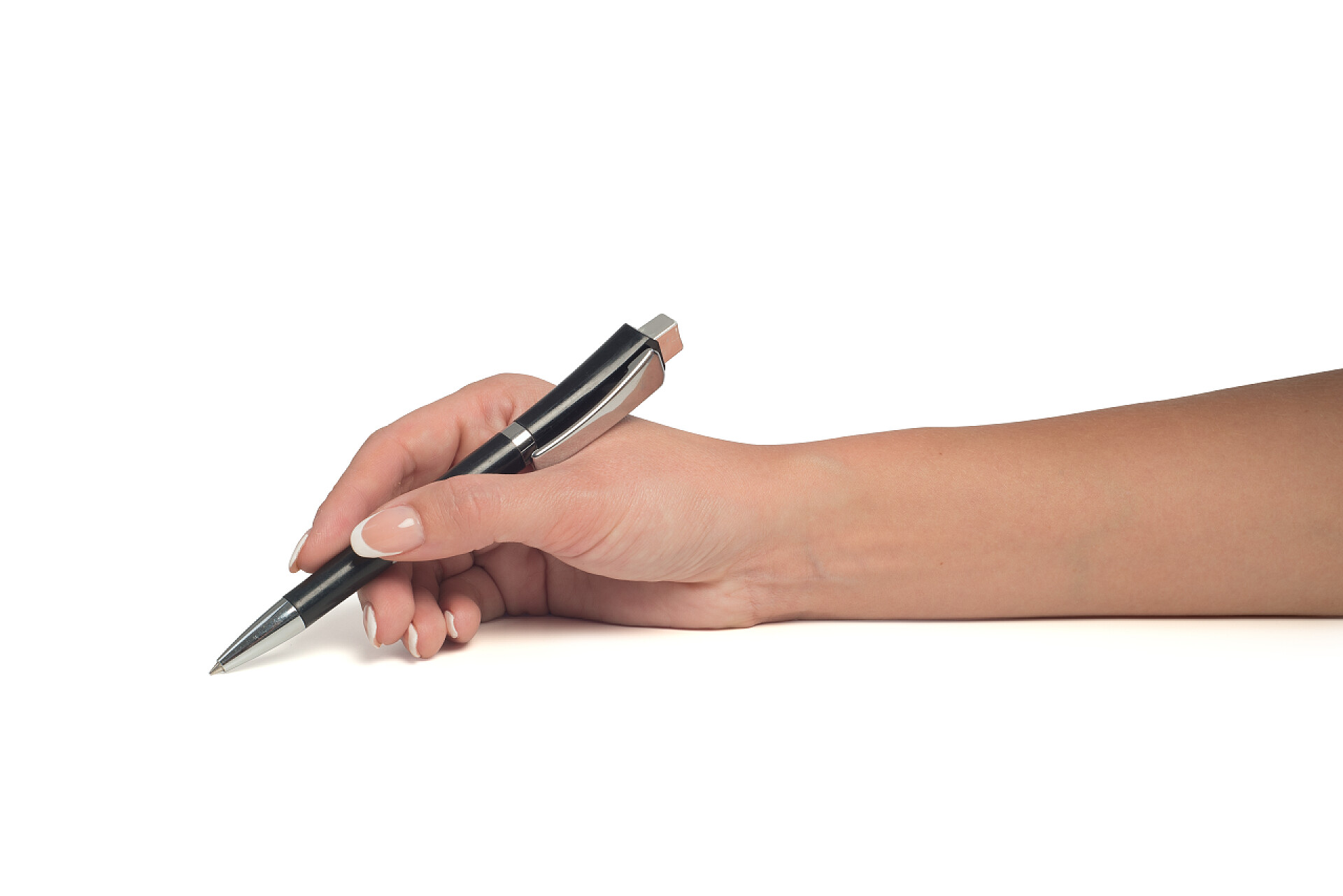 白色背景上女人用钢笔签字文具