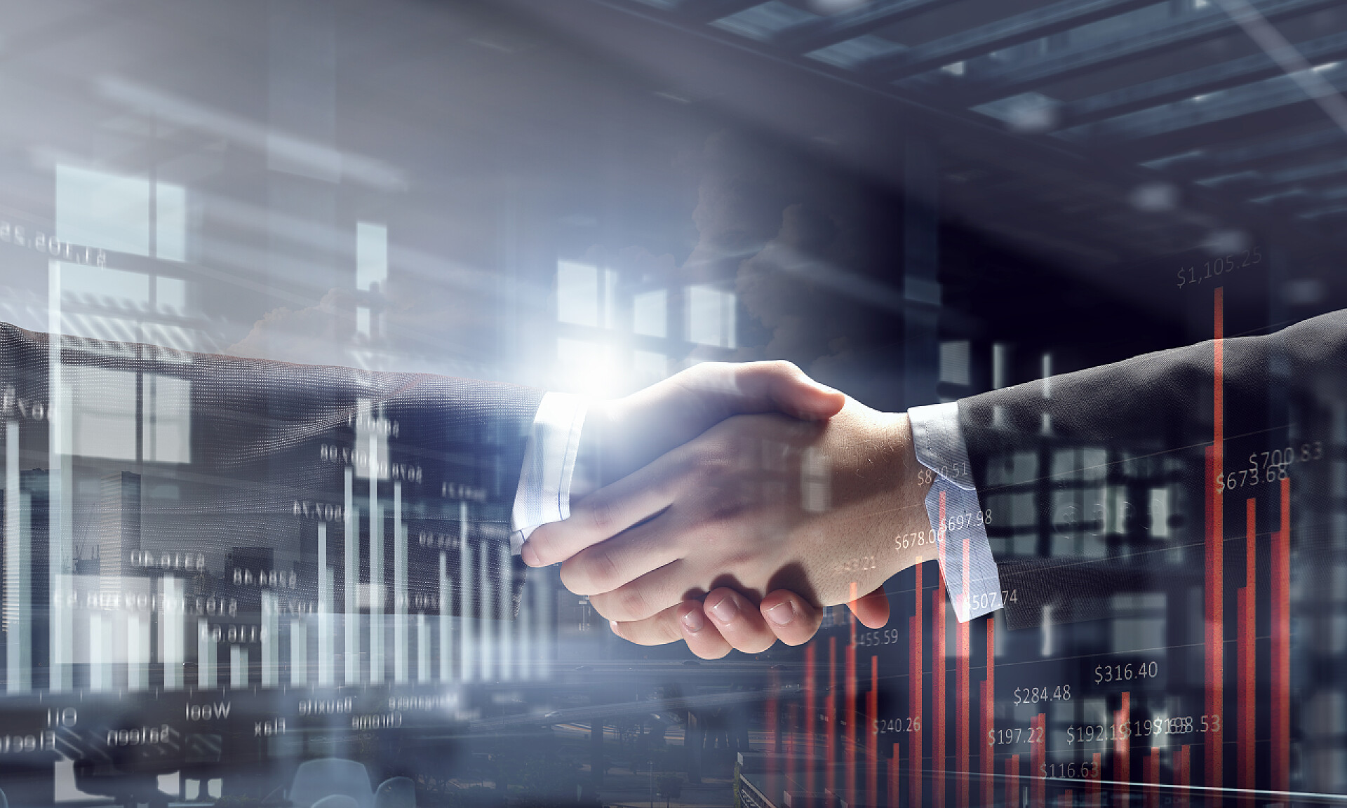 商务办公室室内背景上的握手双重曝光