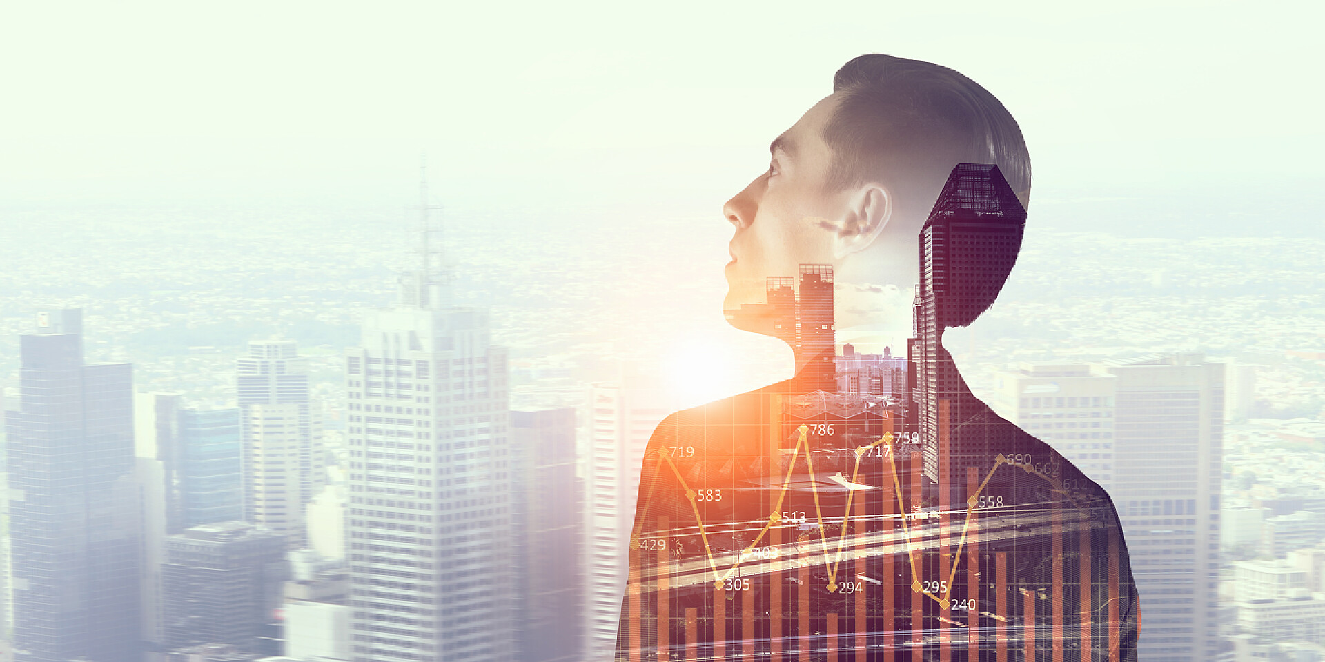 商务现代城市背景上的优雅商人双重曝光