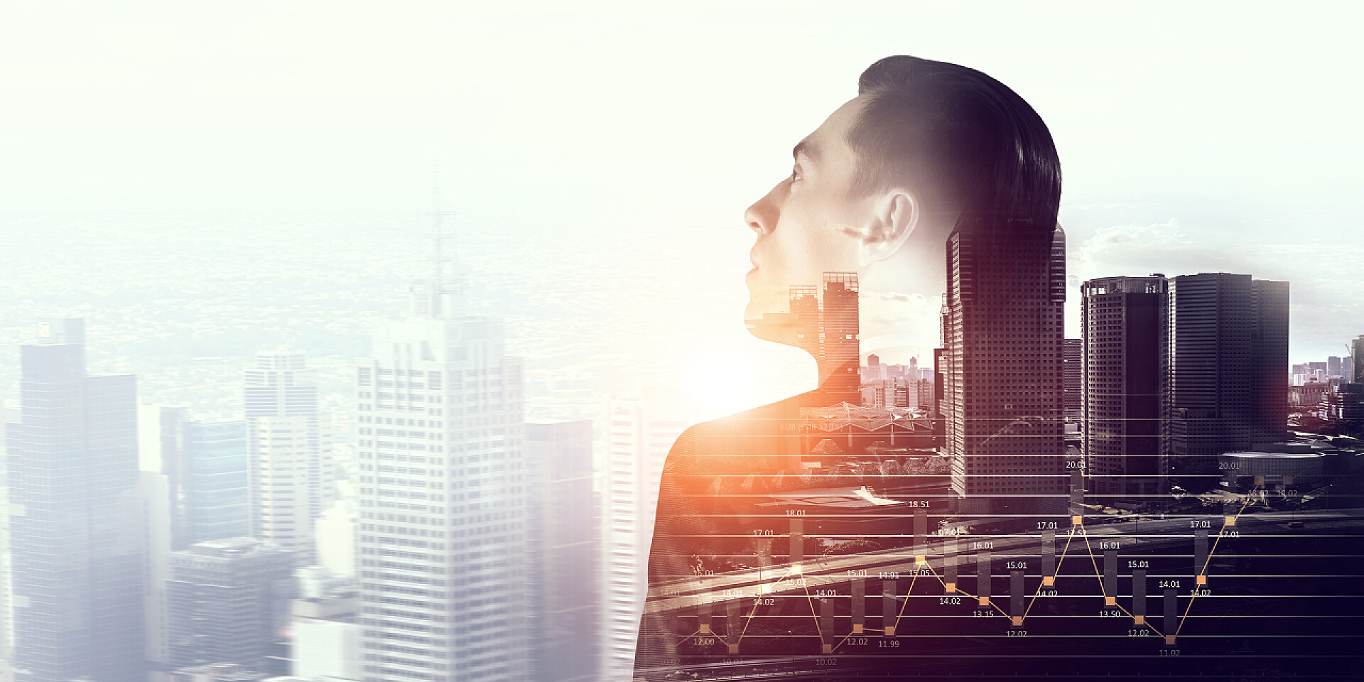 商务现代城市背景上的优雅商人双重曝光