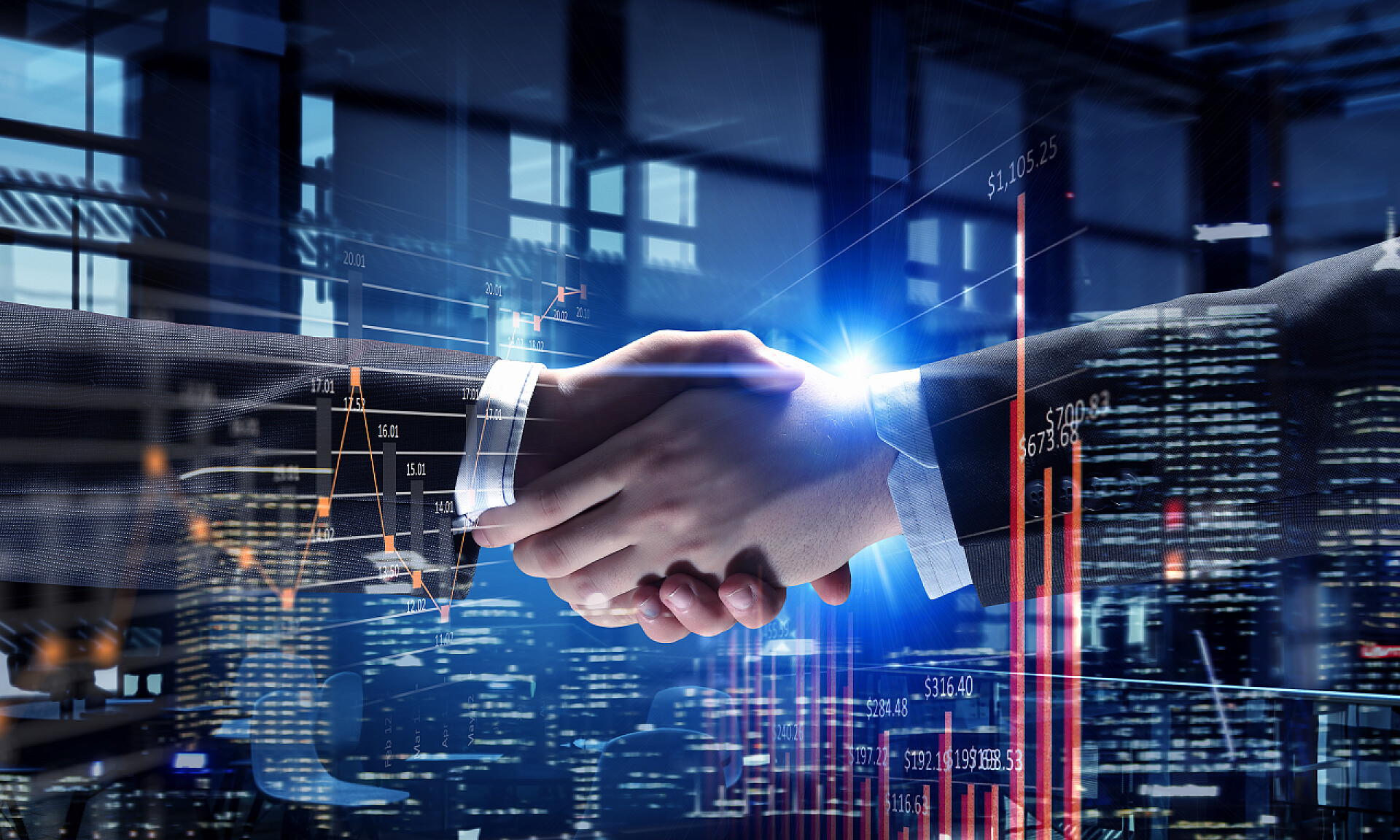 商务城市背景下商业握手的特写双重曝光