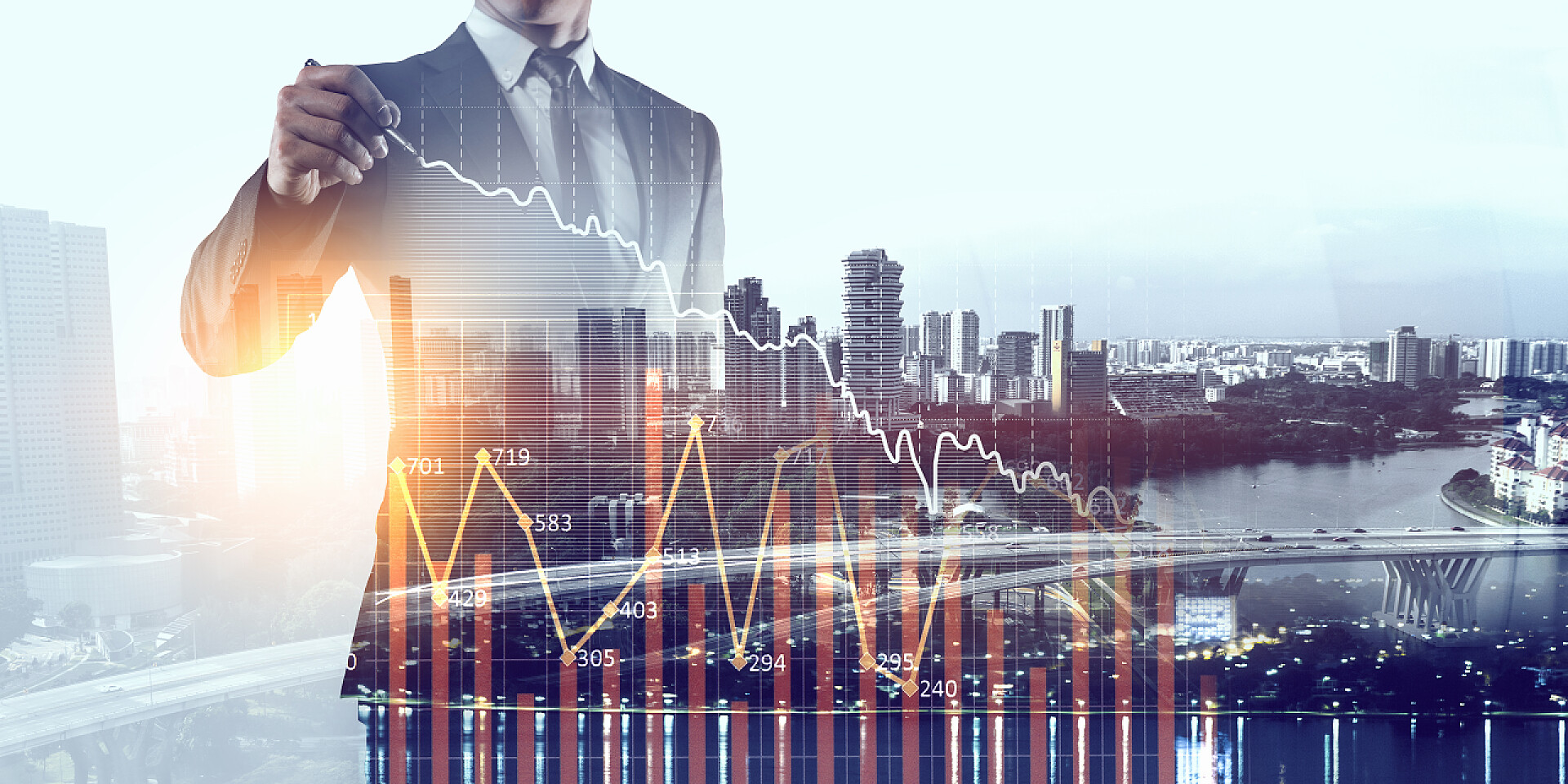 商务现代城市背景下的优雅商人 双重曝光